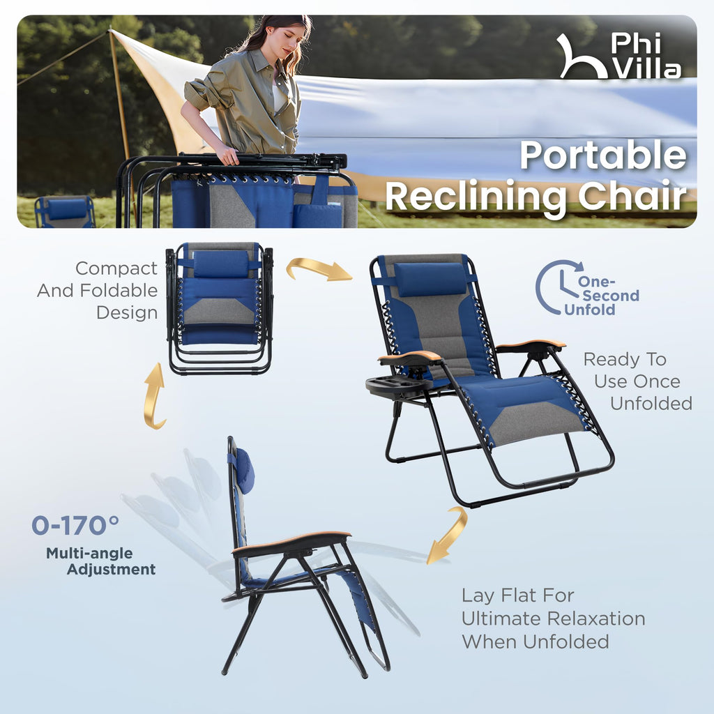 PHI VILLA XXL Oversized Padded Zero Gravity Chair Set of 2, Foldable Patio Recliner, 30" Wide Seat Anti Gravity Lounger with Armrest and Cup Holder, Support 400 LBS (Aqua Blue)