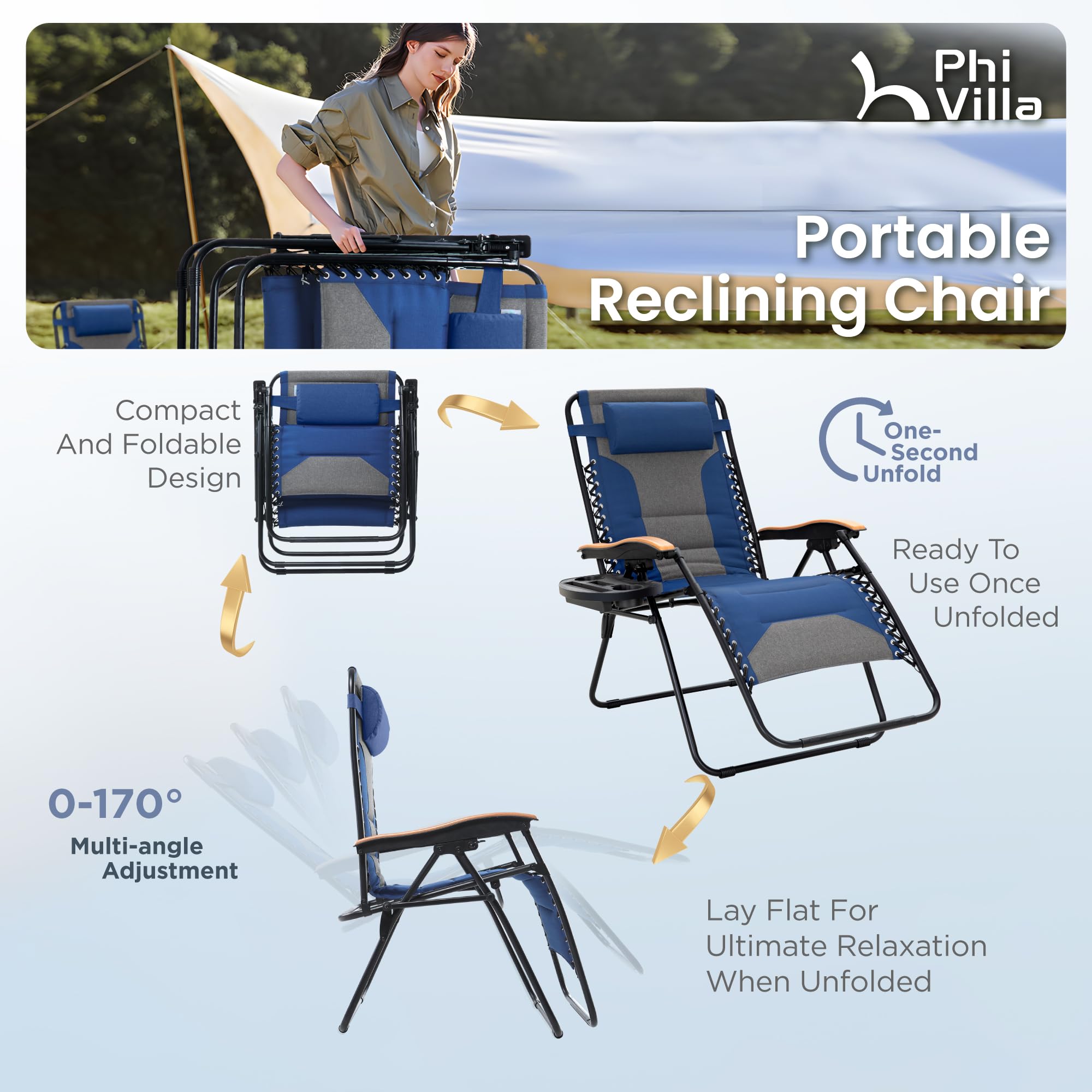PHI VILLA XXL Oversized Padded Zero Gravity Chair Set of 2, Foldable Patio Recliner, 30" Wide Seat Anti Gravity Lounger with Armrest and Cup Holder, Support 400 LBS (Aqua Blue)
