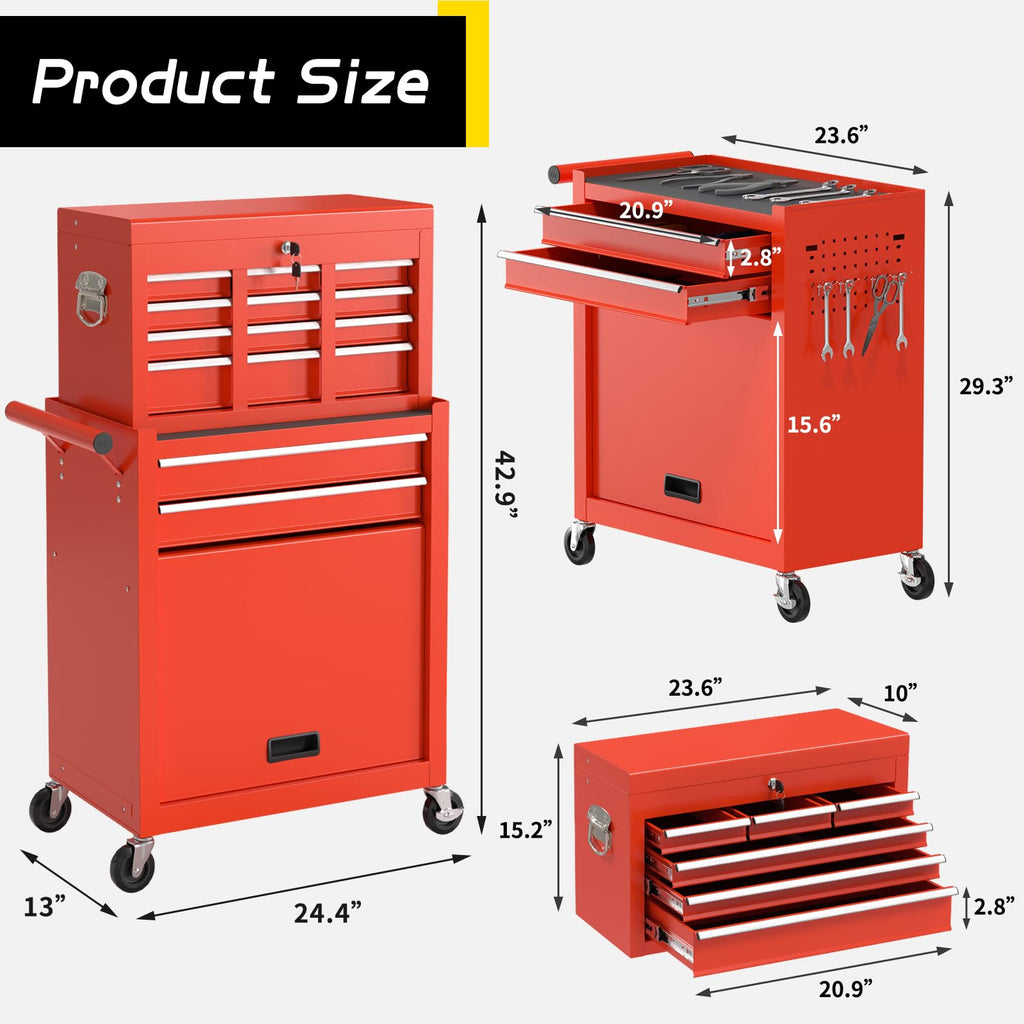 On Shine 8 Drawer Rolling Tool Chest, Large Capacity Rolling Tool Box with Wheels, Locking Mechanical Tool Chest, Portable Tool Box with Sliding Drawers for Garage Workshop and Tool Room (Black)