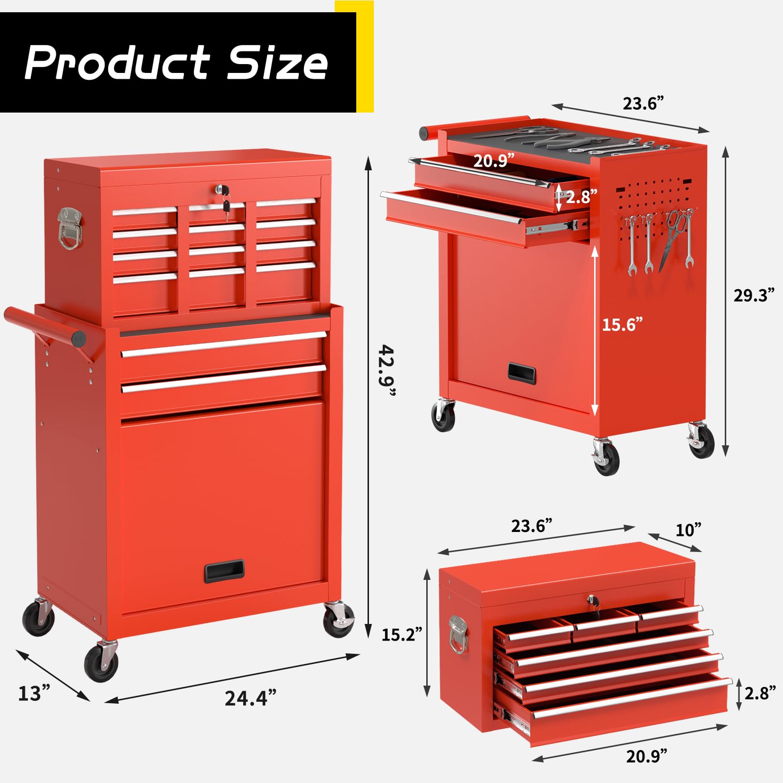On Shine 8 Drawer Rolling Tool Chest, Large Capacity Rolling Tool Box with Wheels, Locking Mechanical Tool Chest, Portable Tool Box with Sliding Drawers for Garage Workshop and Tool Room (Black)