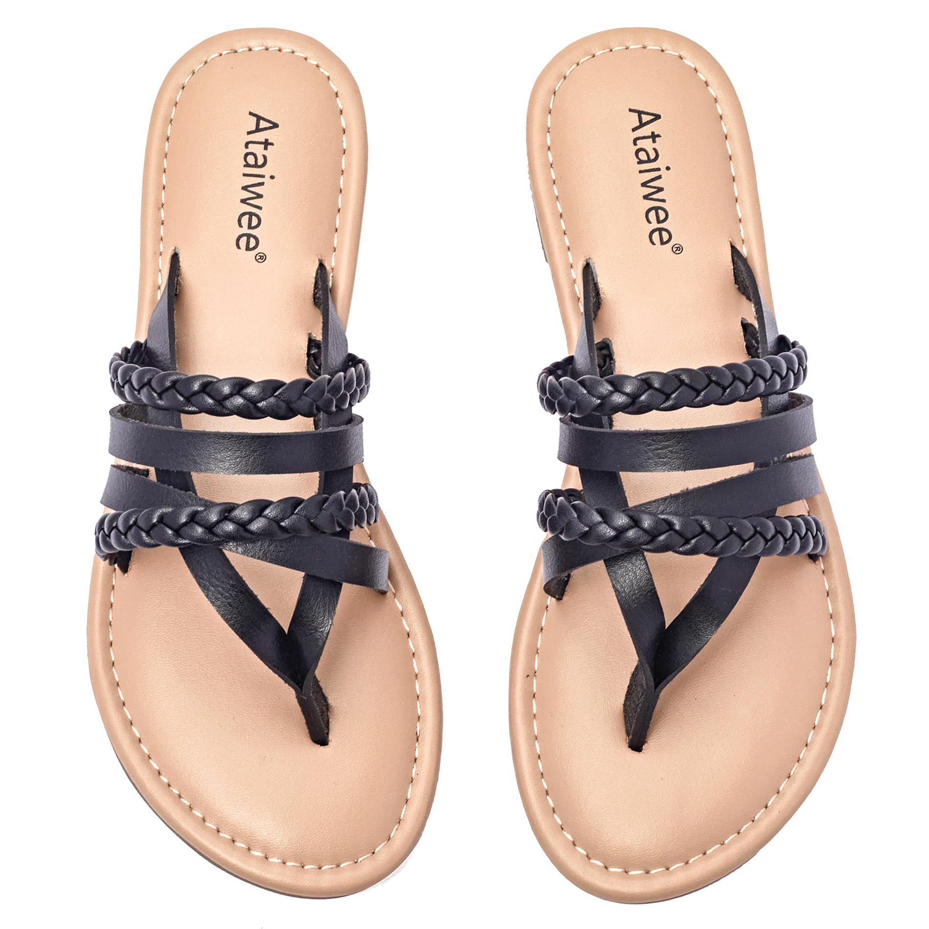 Ataiwee Women's Casual Flat Slide Sandals - Dressy Comfortable Criss Cross Strappy Summer Sandals,Open Toe Multi Strap Beach Flat Thong Sandals.