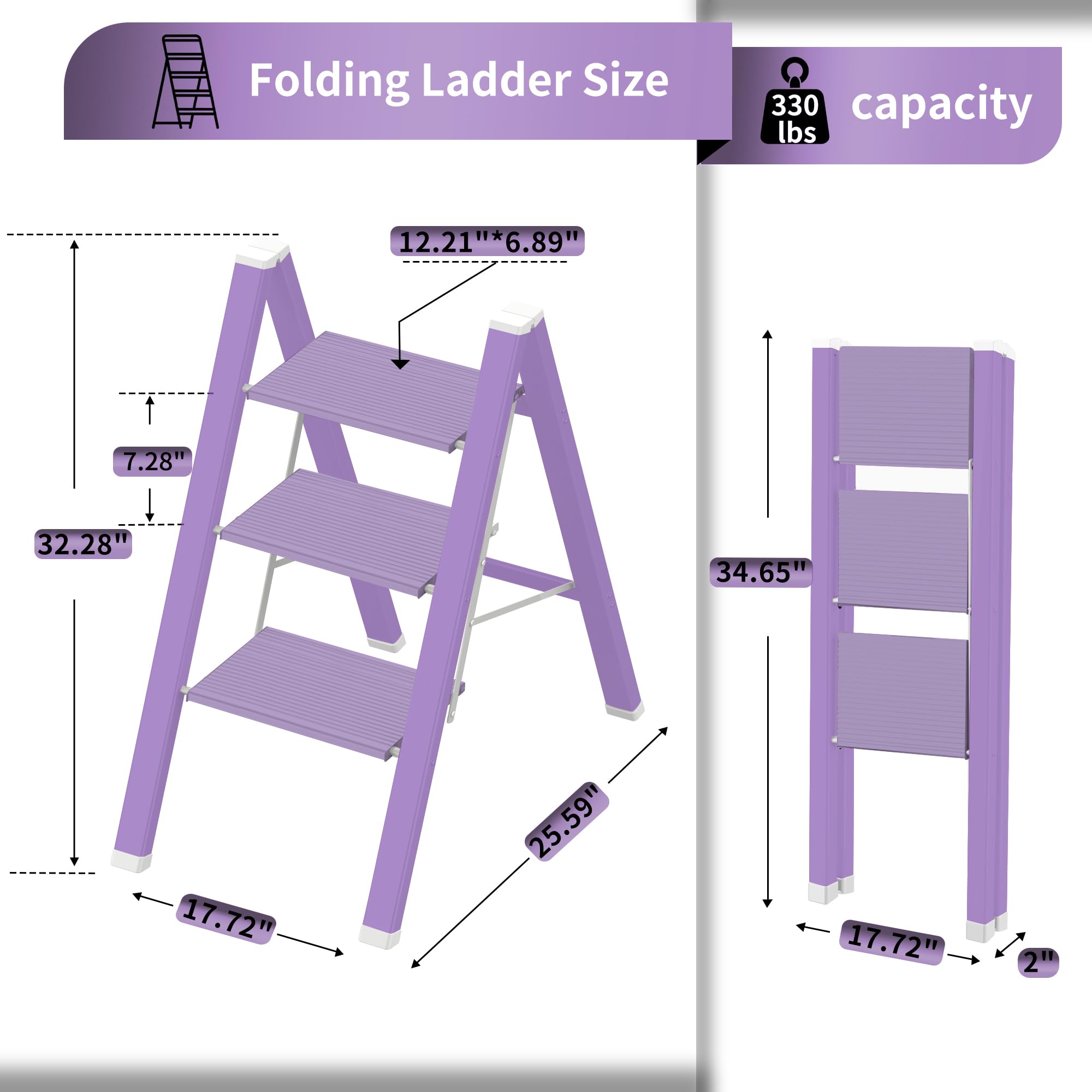 2 Step Lightweight Folding Ladder for Home, 330lbs Aluminum Step Ladder Anti-Slip for Kitchen, Step Stool Foldable Adults for Closet, 330lbs - Black