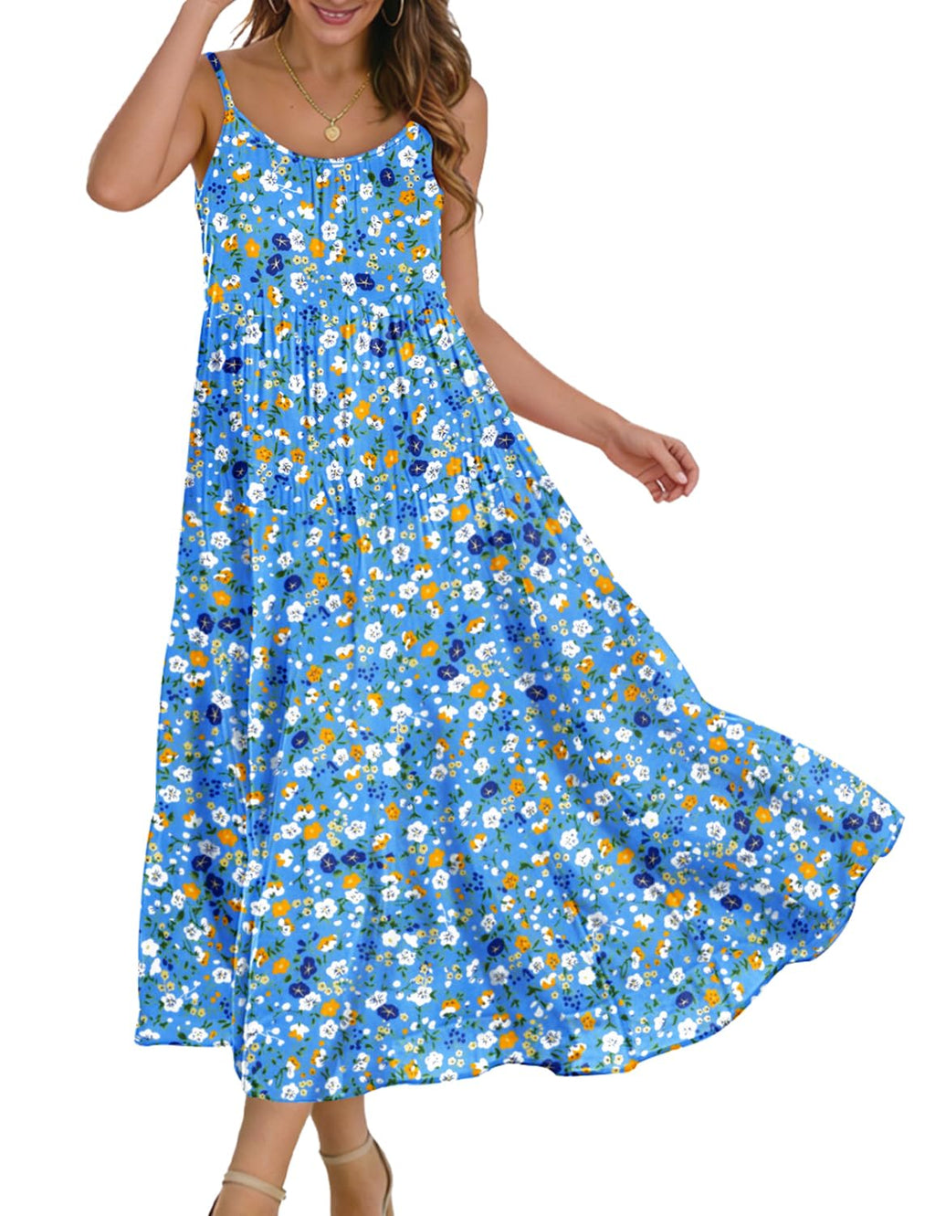 YESNO Summer Bohemian Floral Dresses for Women Spaghetti Straps Maxi Dress Casual Flowy Dresses with Pockets ES0