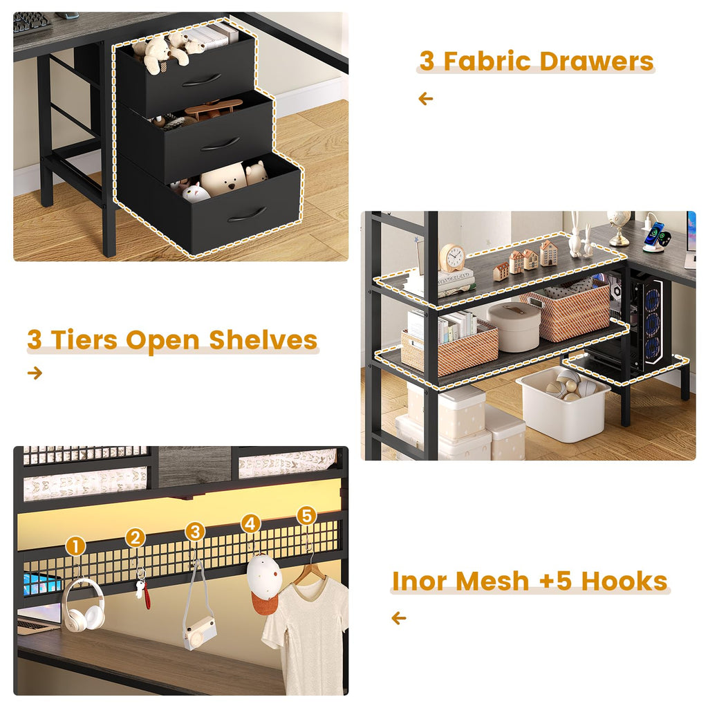 ADORNEVE Loft Bed Full Size with L-Shaped Desk, 3 Storage Drawers, Power Outlet, 3 Storage Shelves, Metal Loft Bed Frame with RGB Lights, Bed with Safety Guardrail & Ladders,Space-Saving, Grey
