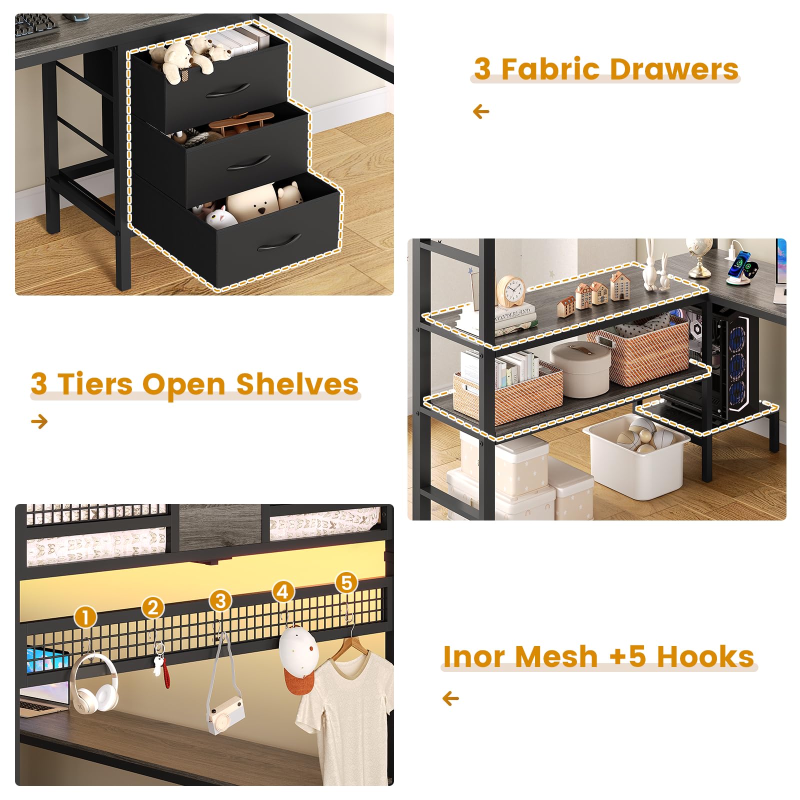 ADORNEVE Loft Bed Full Size with L-Shaped Desk, 3 Storage Drawers, Power Outlet, 3 Storage Shelves, Metal Loft Bed Frame with RGB Lights, Bed with Safety Guardrail & Ladders,Space-Saving, Grey