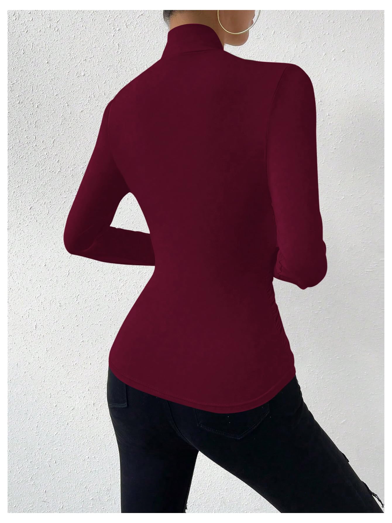 SweatyRocks Women's Ruched Mock Neck Long Sleeve T Shirt Solid Slim Fitted Tee Tops