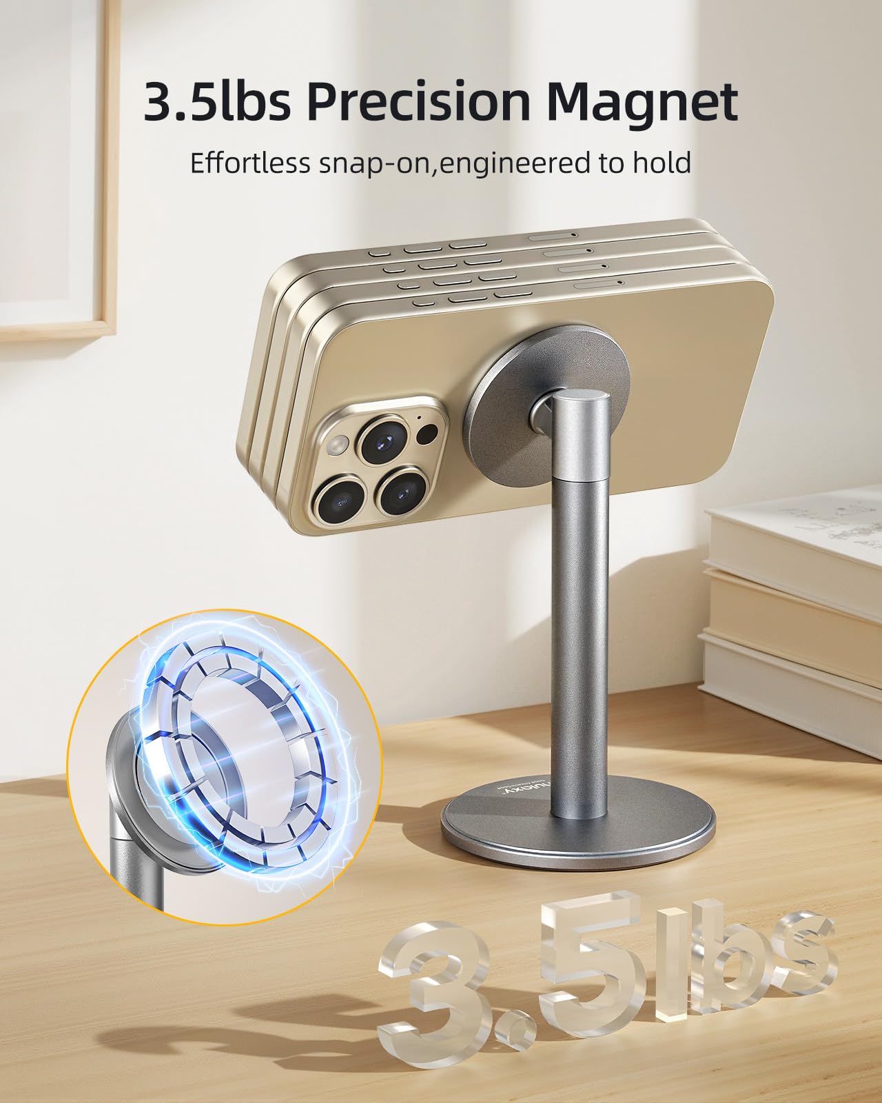 Nulaxy Magnetic Full Aluminum Cell Phone Stand for MagSafe with Metal Ring, 360 Rotating Phone Stand for Desk, Office Desk Accessories, Adjustable Phone Holder Compatible with All Phones, Gray