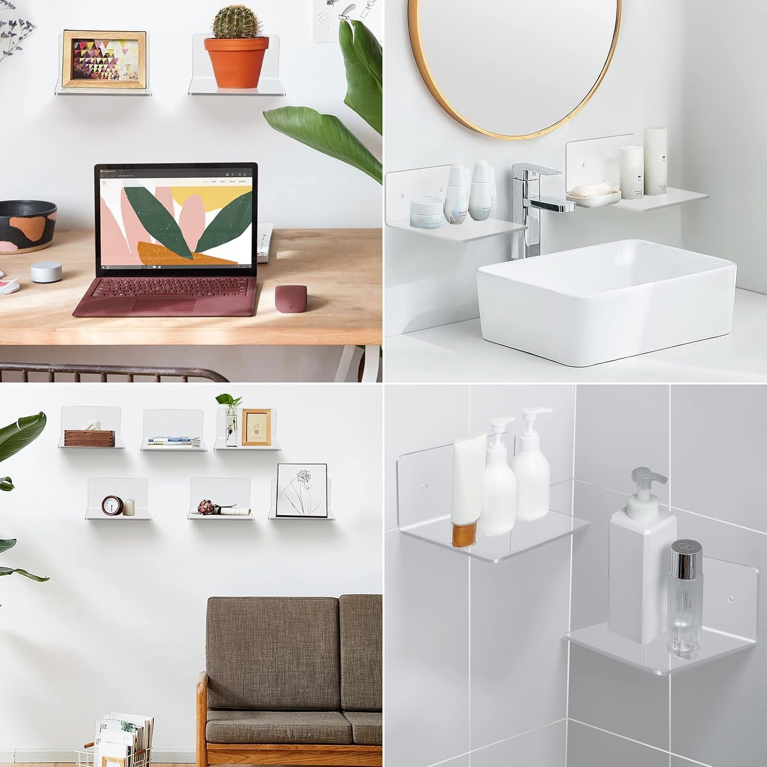 4 Pack Small Acrylic Floating Shelves, 4'' Acrylic Wall Shelves Display Ledges for Storage & Decoration, Mini Shelves for Wall with 2 Types of Installation (Adhesive or Screw)