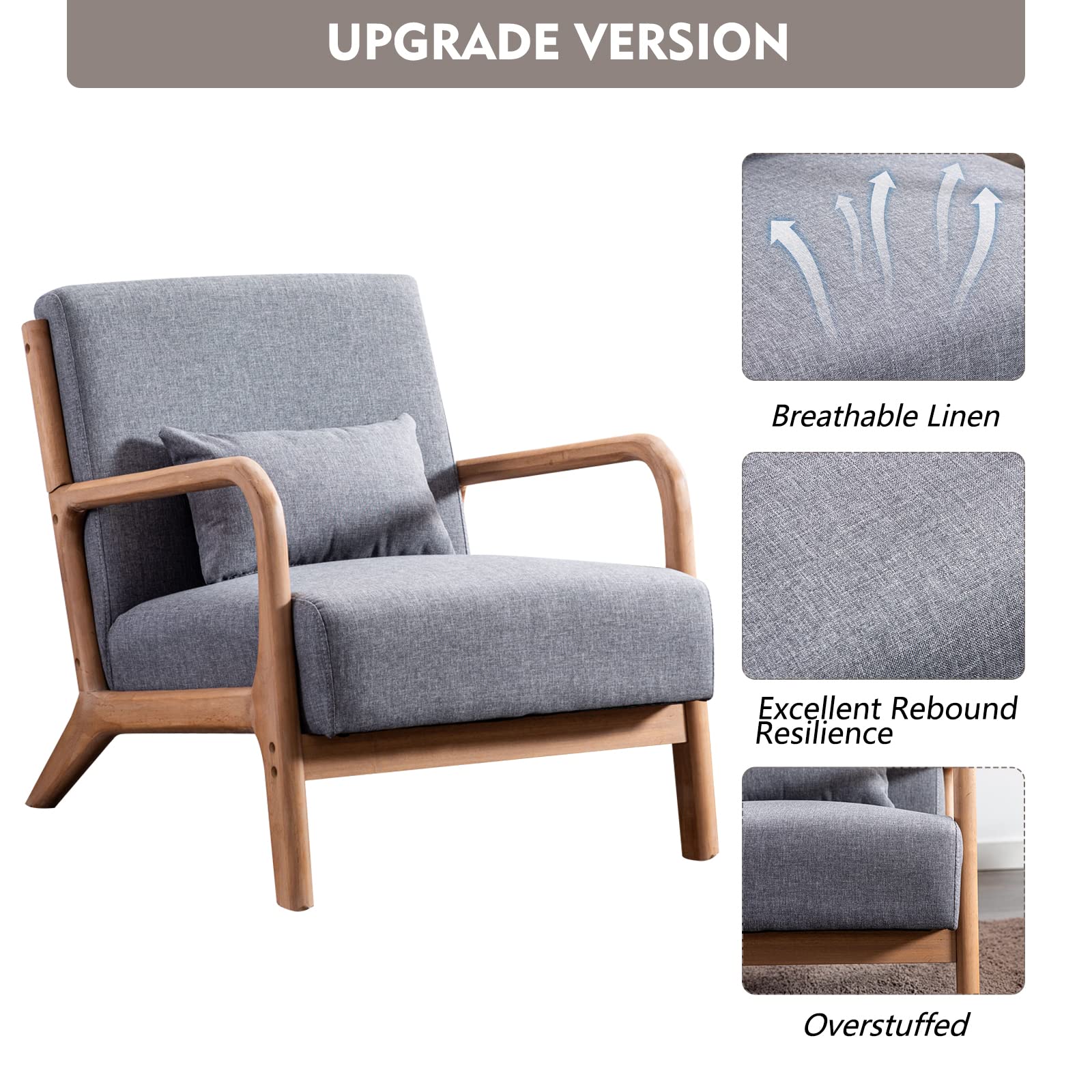 ANJ Mid Century Modern Accent Chair, Comfy Fabric Living Room Chairs with Solid Wood Frame, Lounge Reading Armchair, Easy Assembly, Beige