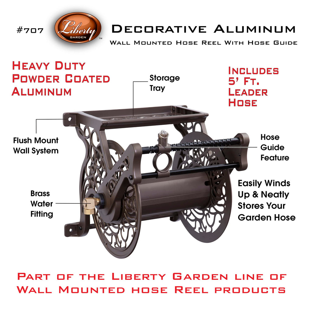 Liberty GARDEN 704 Decorative Cast Aluminum Wall Mount Garden Hose Reel, Holds 125-Feet of 5/8-Inch Hose - Bronze