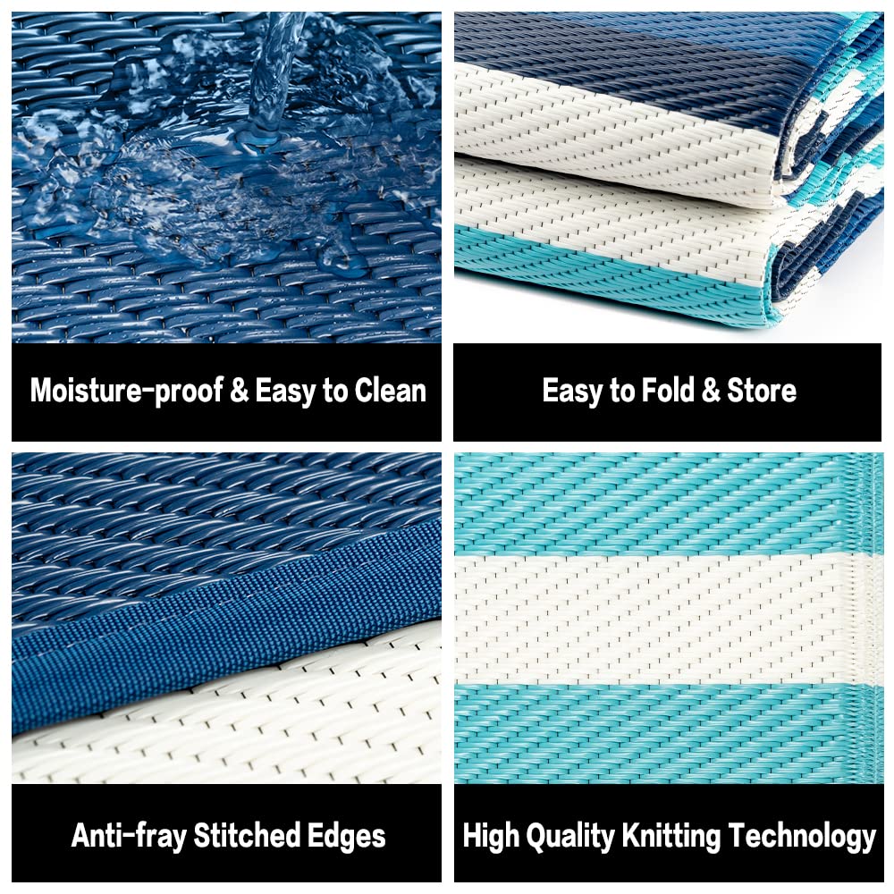 HUGEAR Outdoor Patio Rug 3'x5' Waterproof Outside Area Rugs Blue Reversible Plastic Straw Carpet for RV Deck Camping Entryance Porch Picnic Balcony Beach