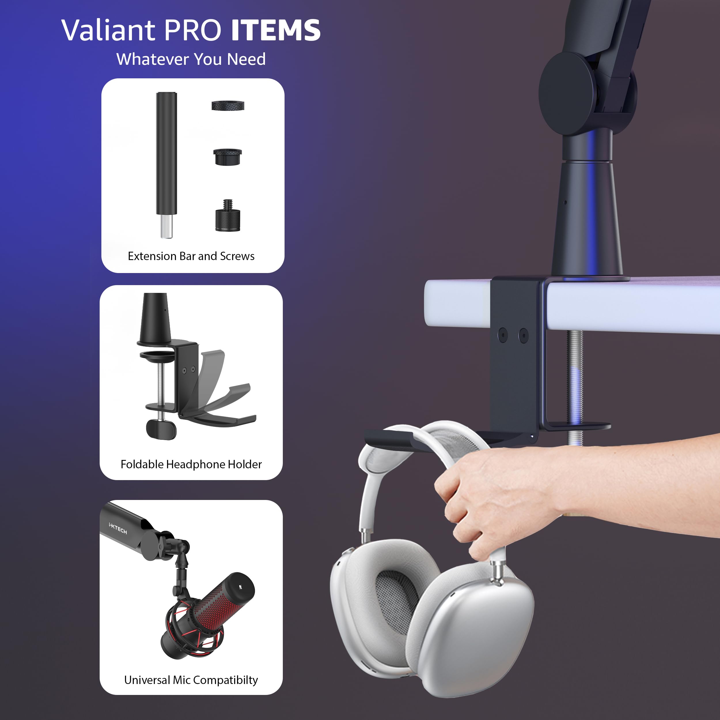 IXTECH Premium Microphone Boom Arm with Desk Mount, 360° Rotatable, Fully Adjustable, for Podcast, Video, Gaming, Radio, Studio, Recording, Sturdy and Universal VALIANT Model