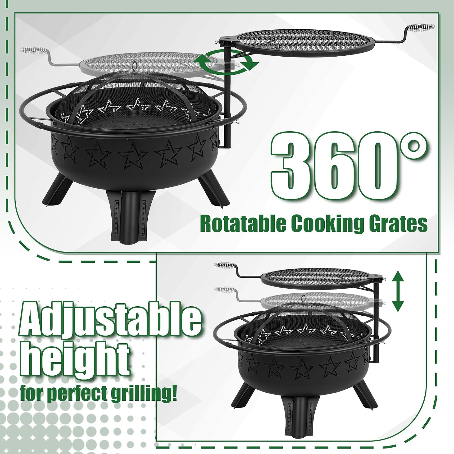 Gbekery 31" 2-in-1 Wood Burning Fire Pit with Swivel BBQ Grills & Spark Screen for Outside - Heavy Duty Outdoor Firepit with Charcoal Pan, Log Rack & Poker - for Backyard, Patio, Garden Bonfire