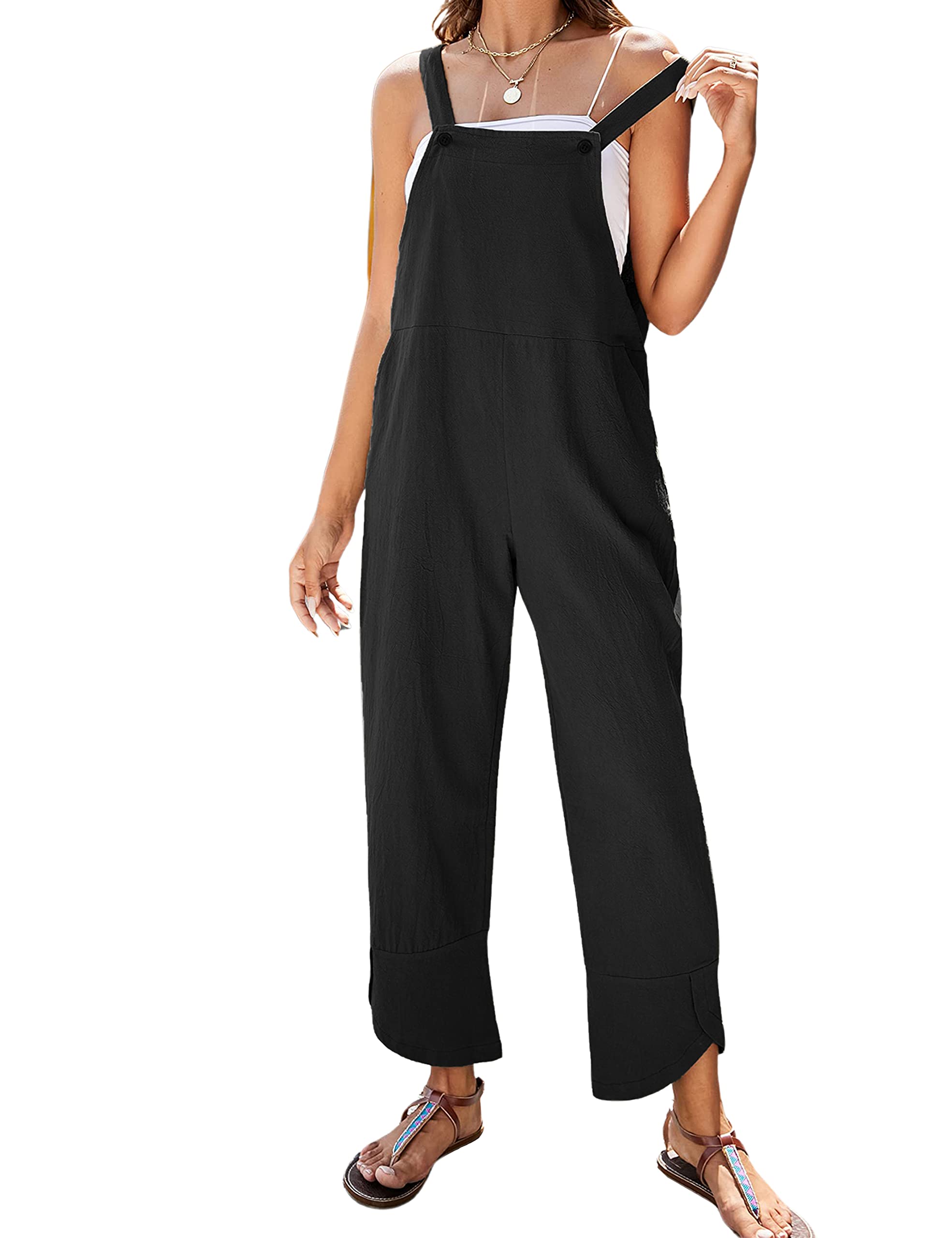APAFES Women Summer Sleeveless Cotton Linen Bib Overalls Tulip Baggy Capri Jumpsuits with Pockets