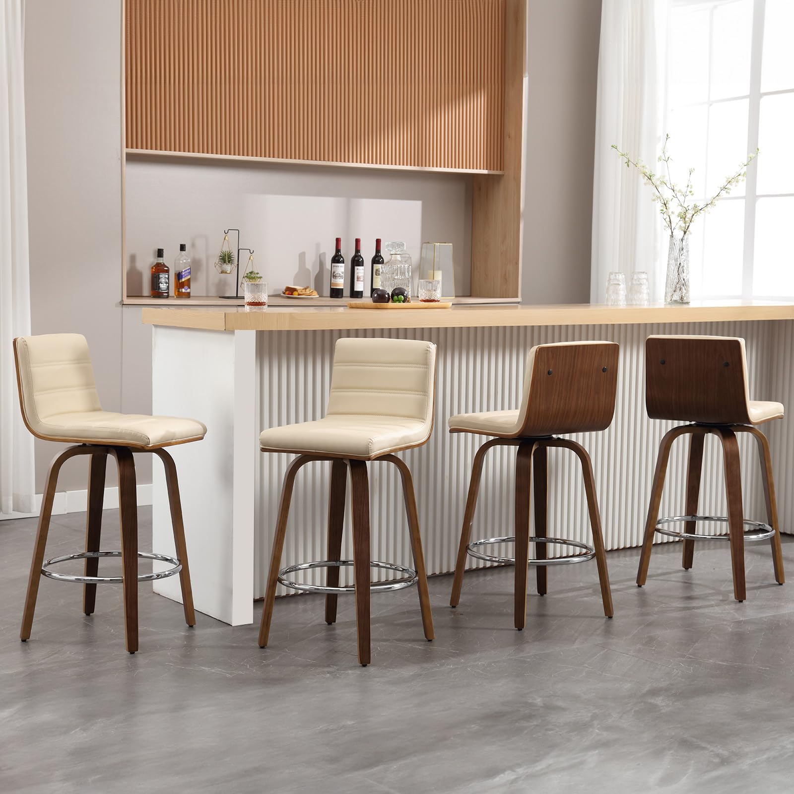 Bar Stools 29 Inch Bar Height, Swivel Bar Stools with Backs Upholstered PU Leather Barstool, L Shape Back and Padded Seat, Mid-Century Modern Bar Stool Pub Chairs for Kitchen Counter Island, Black