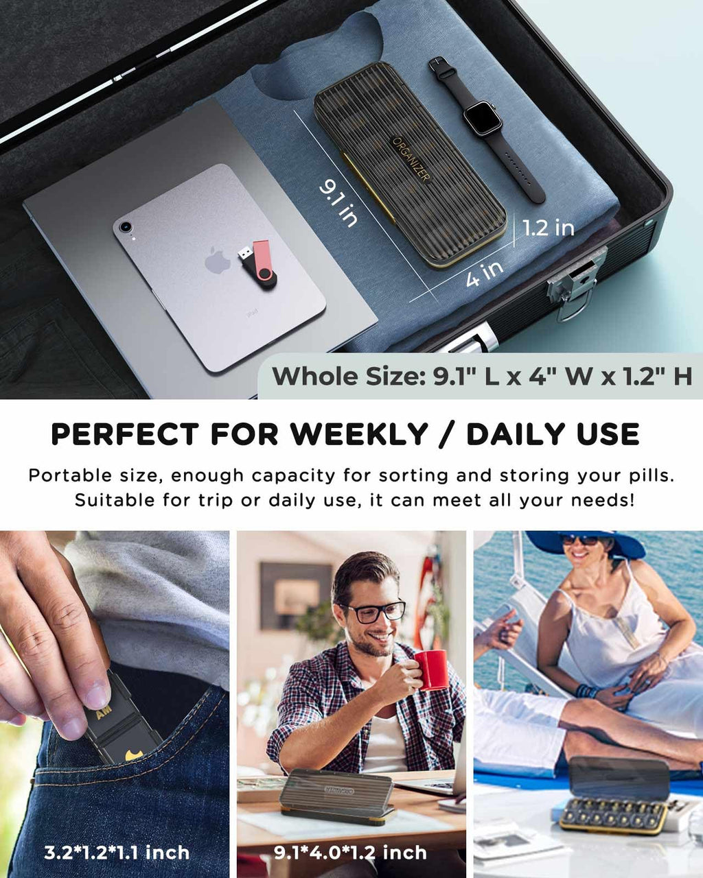 Pill Organizer 2 Times A Day, 7 Day Am Pm Pill Box - Acedada Weekly Pill Organizer Twice A Day, Portable Removable Daily Medicine Container Dispenser Case for Vitamin Fish Oil Supplement, Black Grey