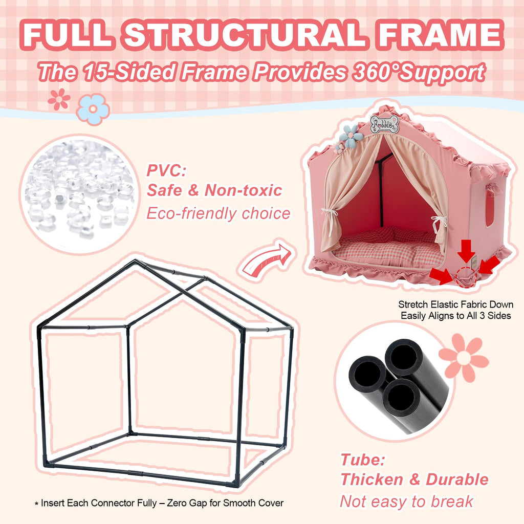 Jiupety Indoor Dog House with Frame, Cute Dog Tent Bed with Cover Cave, Breathable, Washable, and Foldable House, Suitable for 10-20 Lb Puppy and Cats, Medium (17"×17"×17"), Beige