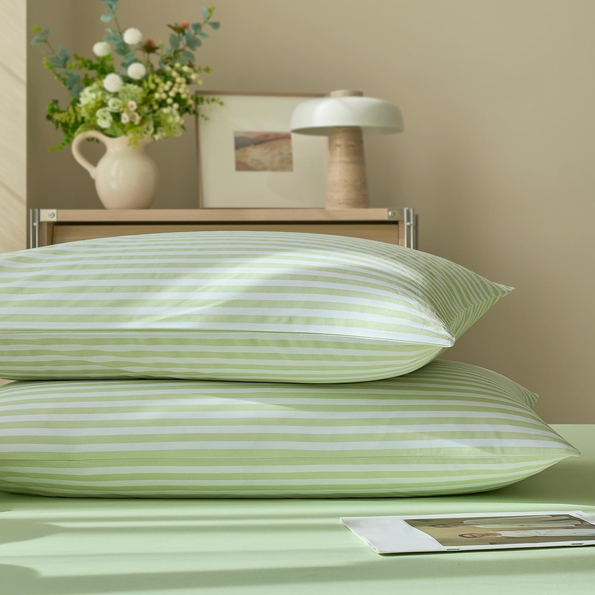 JELLYMONI Cotton Striped Pillowcases Set of 2, Sage Green, Standard | Soft breathable feel, Envelope closure, 400TC cotton, Machine washable, Gentle on skin