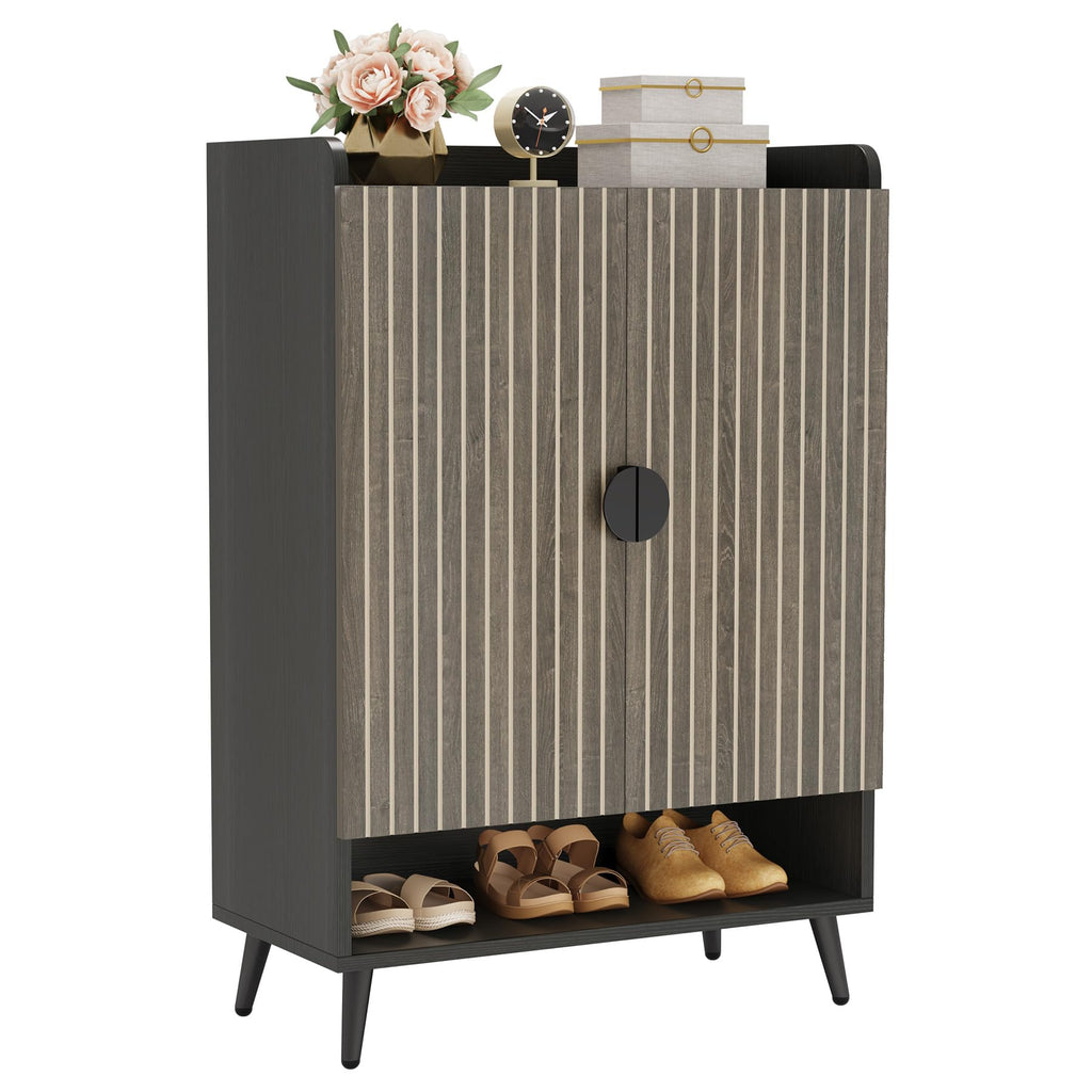 Tribesigns Shoe Cabinet with Doors, 7-Tier Shoe Storage Cabinet with Adjustable Shelves, Wooden Shoes Rack Shoe Storage Organizer for Entryway, Hallway, Closet, Living Room, Black