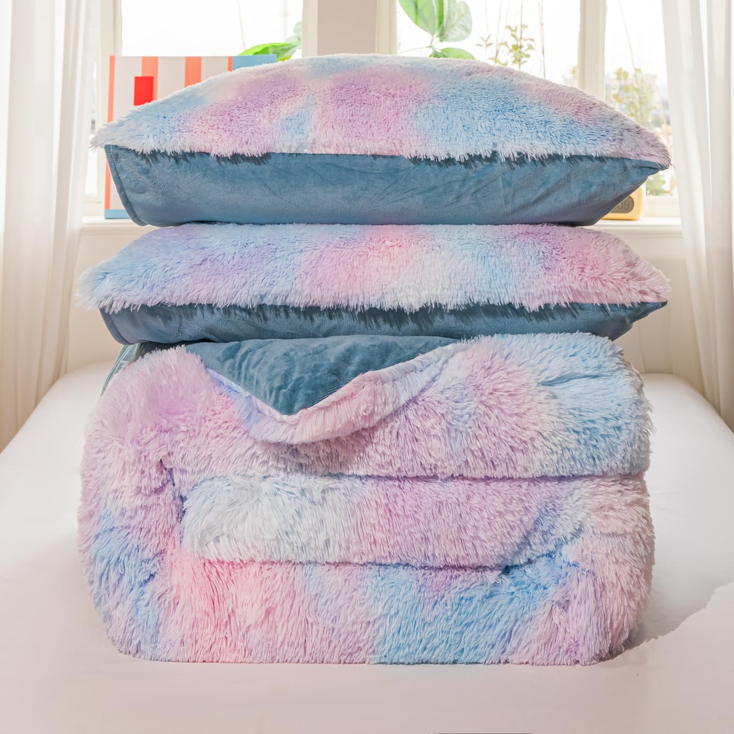 Faux Fur Kids Girls Purple Rainbow Comforter Sets Twin/Full - 3PC Bed Set Warm Comfortable Soft Plush Flannel Velvet Fluffy Fuzzy Bedding（Comforter x 1 Pillowcases x 2）