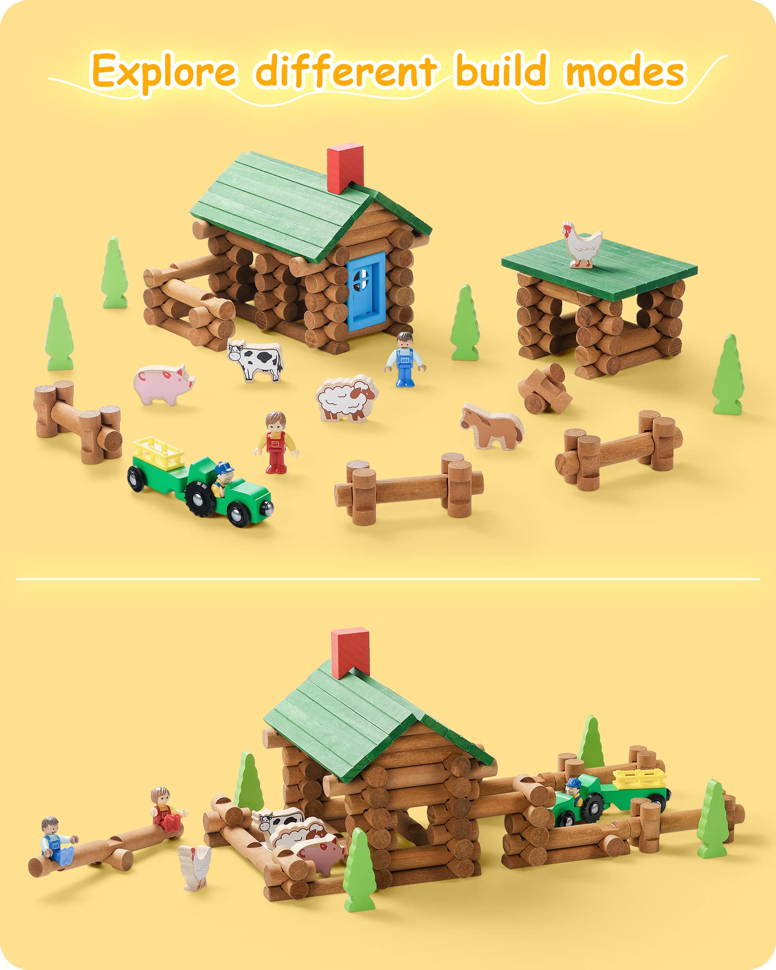SainSmart Jr. 110 PCS Wooden Log Cabin Set Building House Toy for Toddlers, Classic STEM Construction Kit with Colorful Wood Logs Blocks for 3+ Years Old
