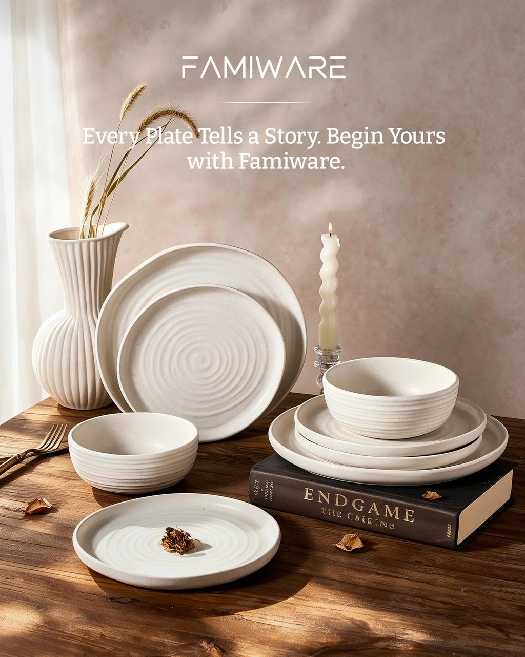 Famiware Pluto Stoneware Dinnerware Sets, 12-Piece Double Reactive Glaze Plates and Bowls Sets, Dishware Sets for Everyday & Formal Dining, Irregular Edge Dishes, Service for 4, Matte Beige White