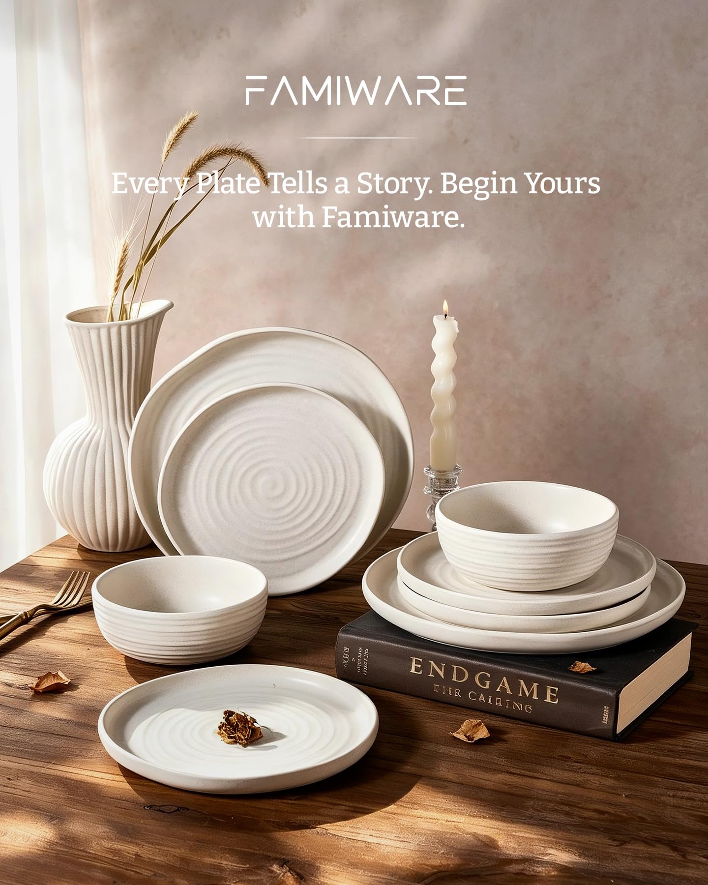 Famiware Pluto Stoneware Dinnerware Sets, 12-Piece Double Reactive Glaze Plates and Bowls Sets, Dishware Sets for Everyday & Formal Dining, Irregular Edge Dishes, Service for 4, Matte Beige White