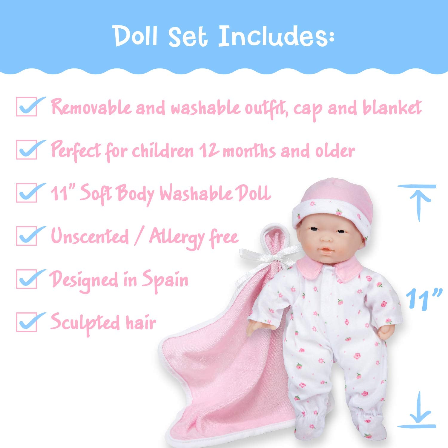 JC Toys La Baby Caucasian Baby Doll Set – 11 Inch Soft Body Doll with Accessories Including a Removable Blue Outfit – Small Baby Doll Toy for Children 12 Months and Older