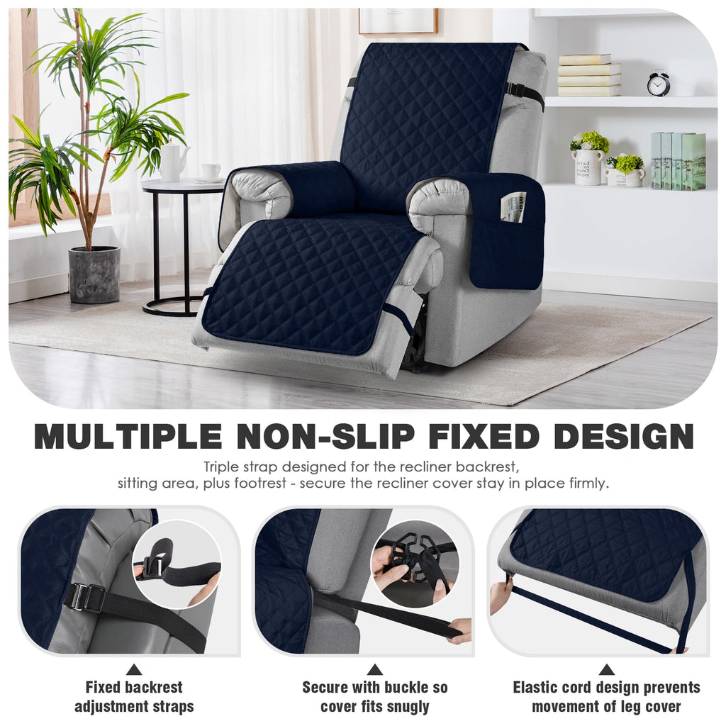 TAOCOCO 100% Waterproof Recliner Chair Covers, Reversible Recliner Covers with Leg Straps, Washable Recliner Sofa Covers for Reclining Chair Furniture Dog Protector with Pocket (Black, 23.6'')