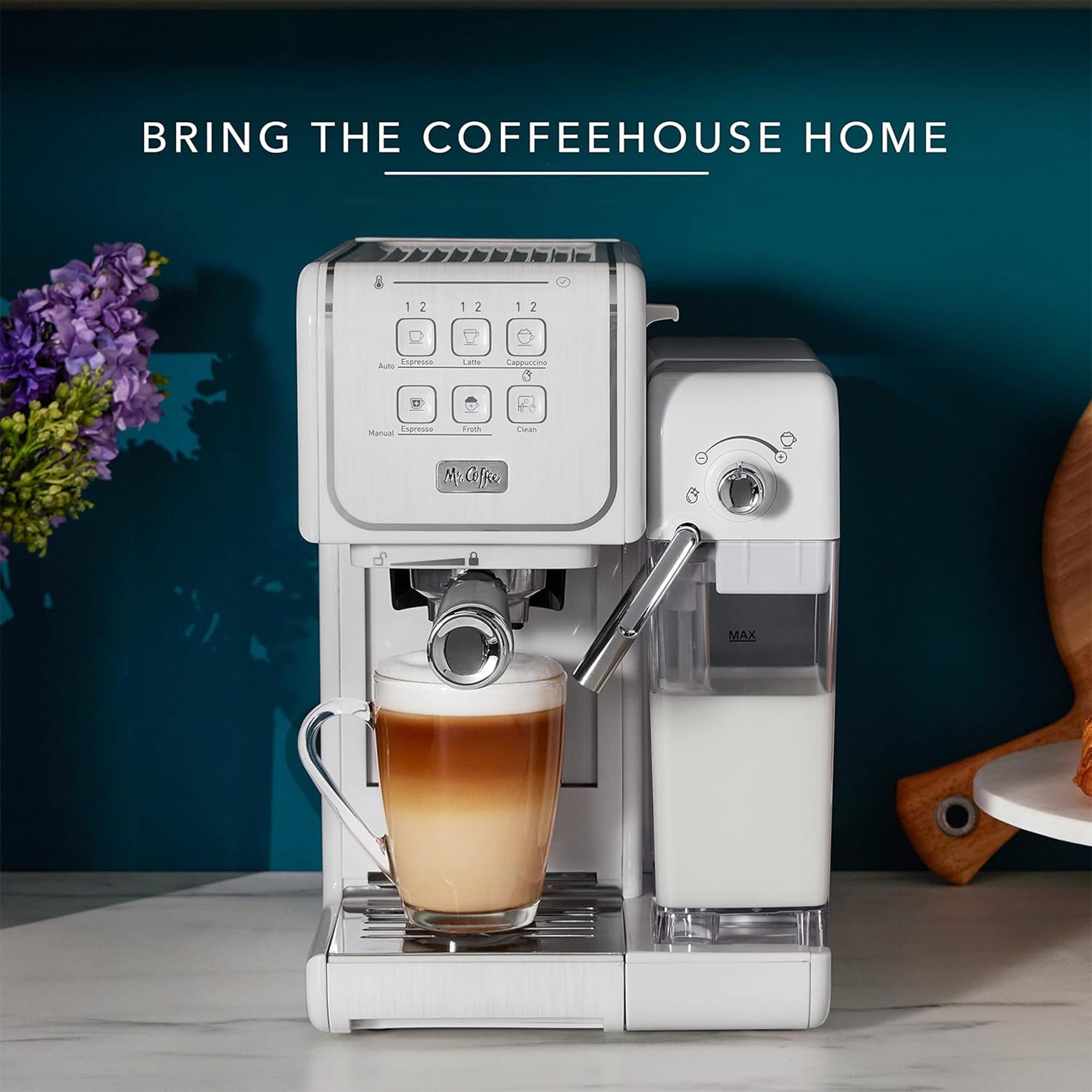Mr. Coffee One-Touch CoffeeHouse+ Espresso, Cappuccino, and Latte Maker Home Coffee Machine with 19-Bar Italian Pump, and Milk Frother Ideal for Latte, Espresso, and Coffee Lovers