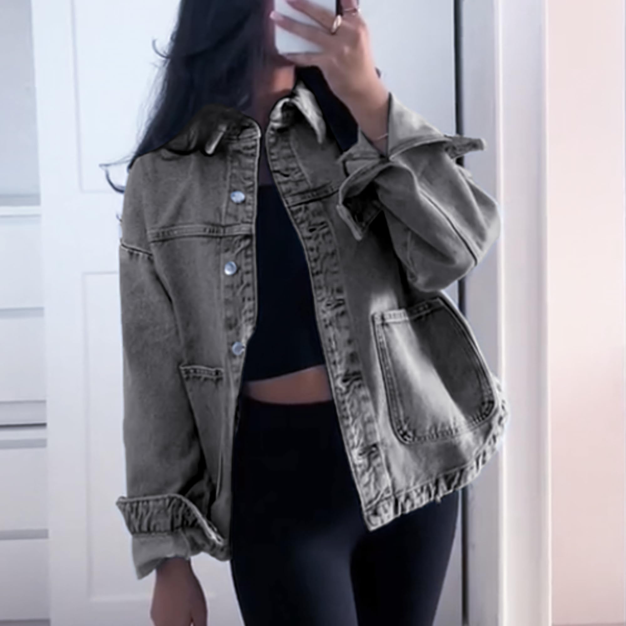 Hixiaohe Jean Jackets for Women Trendy Button Up Denim Shirt Jacket Oversized Long Sleeve Coat Fashion Clothes with Pockets