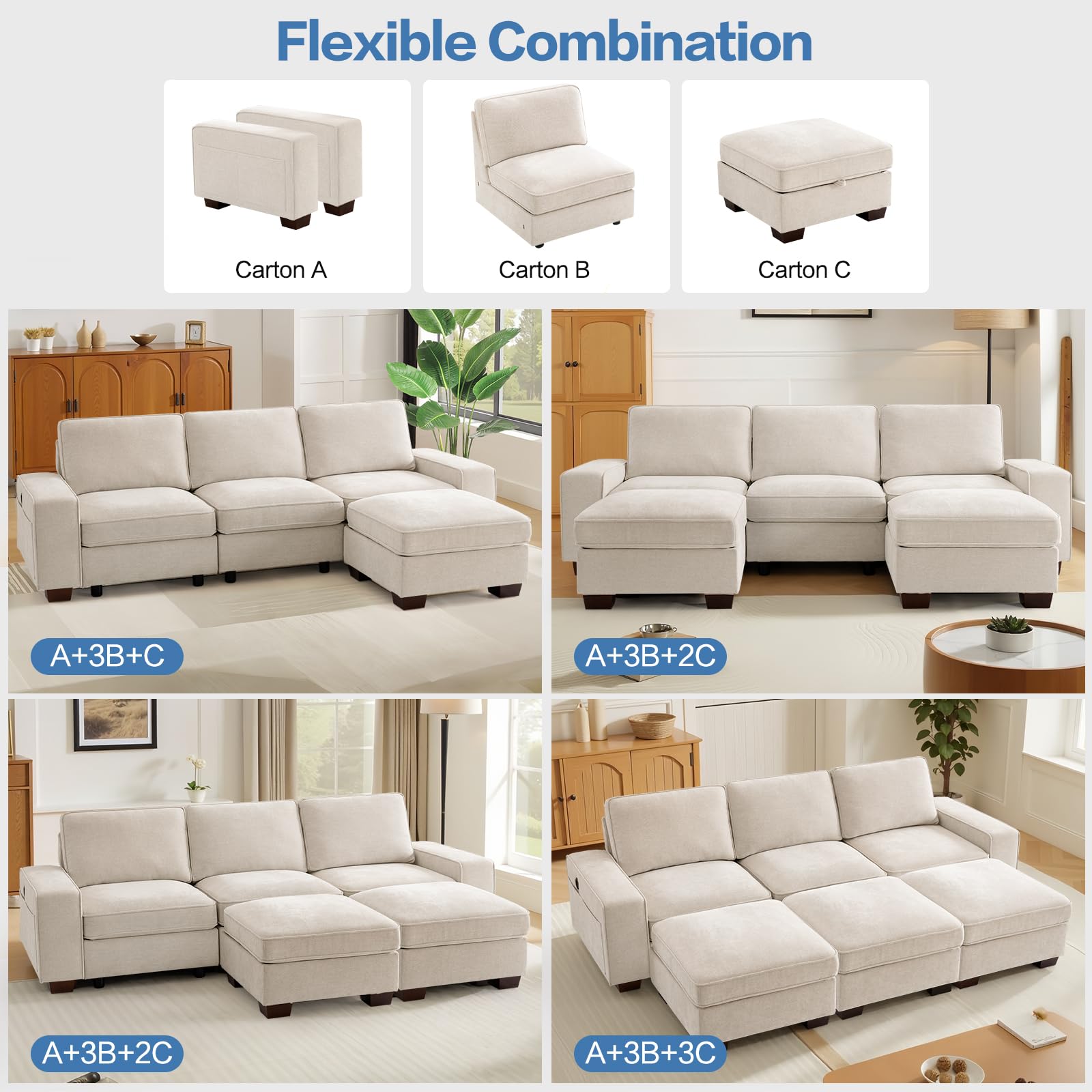 TEKAMON 100" Modular Sectional Sofa with Seats Storage, L Shaped Couch with Movable Ottoman for Living Room, Couch with Chaise, Solid Wood Frame, Spring Cushions, USB Port, Removable Covers, Beige
