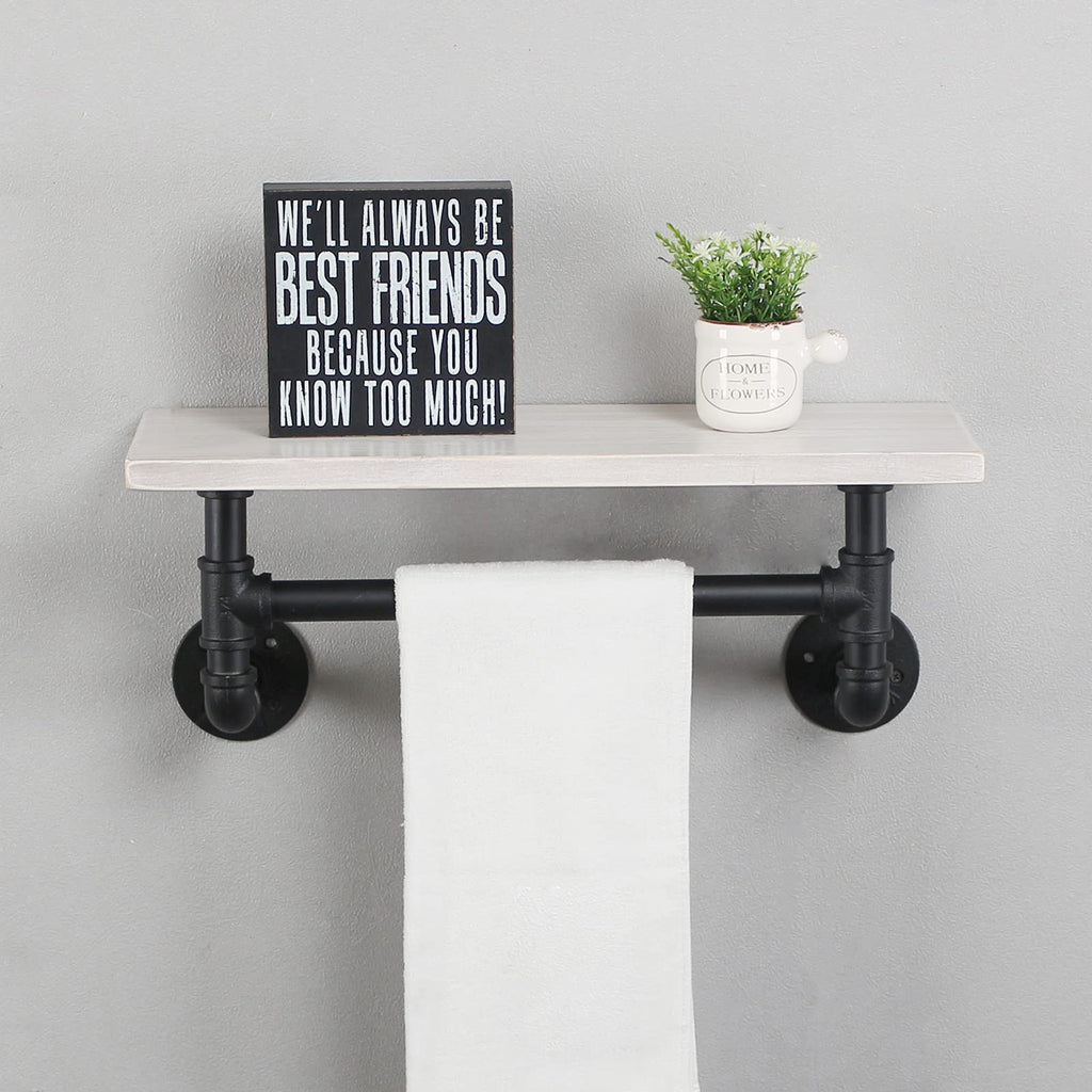 MBQQ Industrial Pipe Shelf Bathroom Shelves Wall Mounted,19.6in Rustic Wood Shelf with Towel Bar,1 Tier Farmhouse Towel Rack,Pipe Shelving Floating Shelves Towel Holder,Black & White