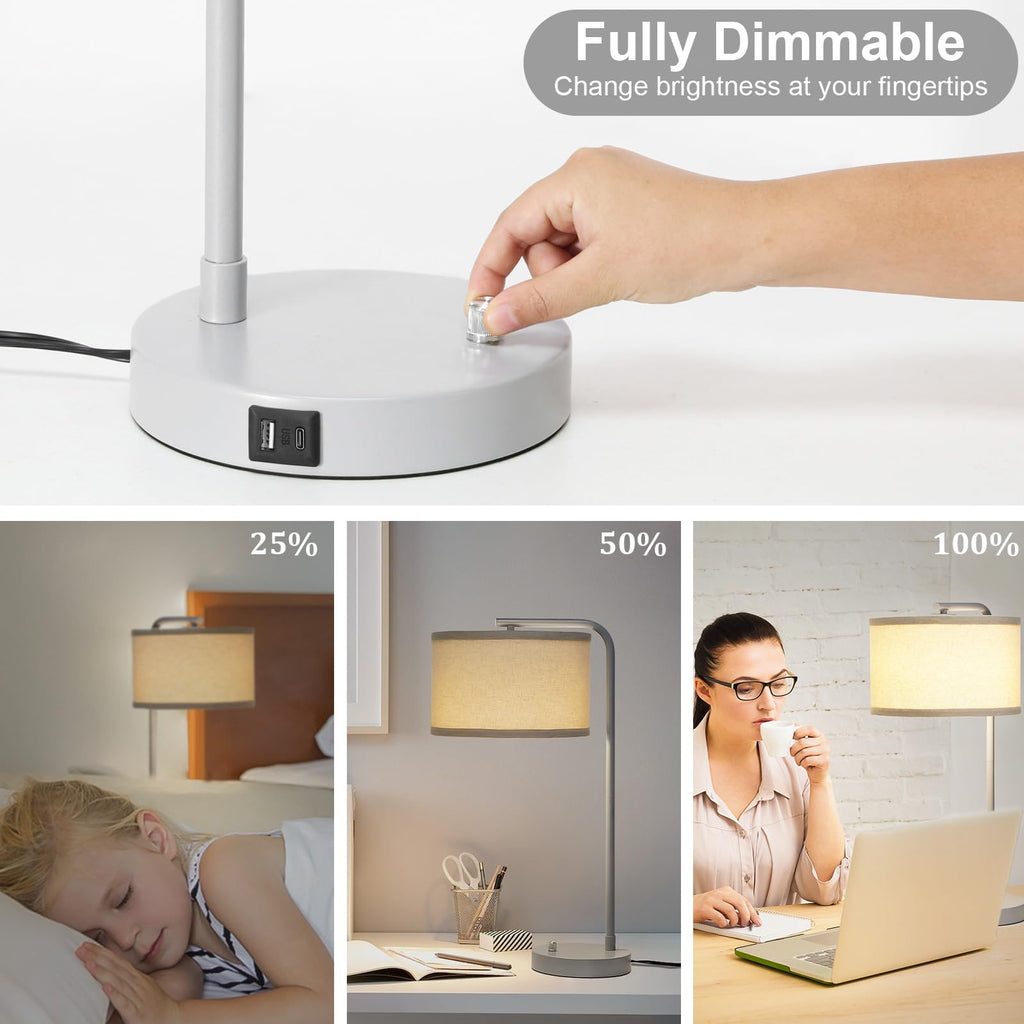 Table Lamps Set of 2, Fully Dimmable Bedside Lamp with USB C+A Charging Ports, Modern Nightstand Lamps with Linen Fabric Shades, Tall Desk Lamp for Bedroom, Living Room, Office, LED Bulb Included