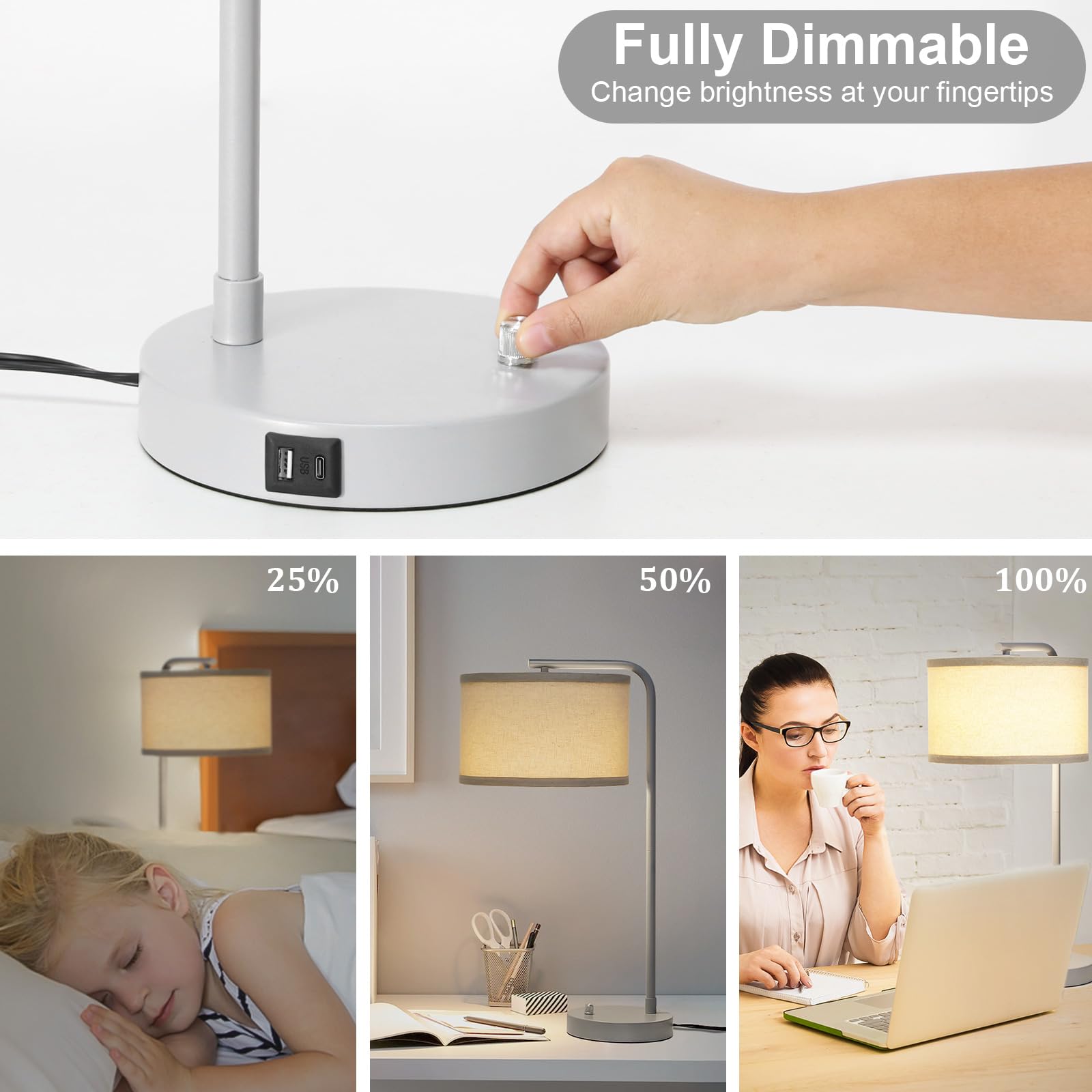 Table Lamps Set of 2, Fully Dimmable Bedside Lamp with USB C+A Charging Ports, Modern Nightstand Lamps with Linen Fabric Shades, Tall Desk Lamp for Bedroom, Living Room, Office, LED Bulb Included