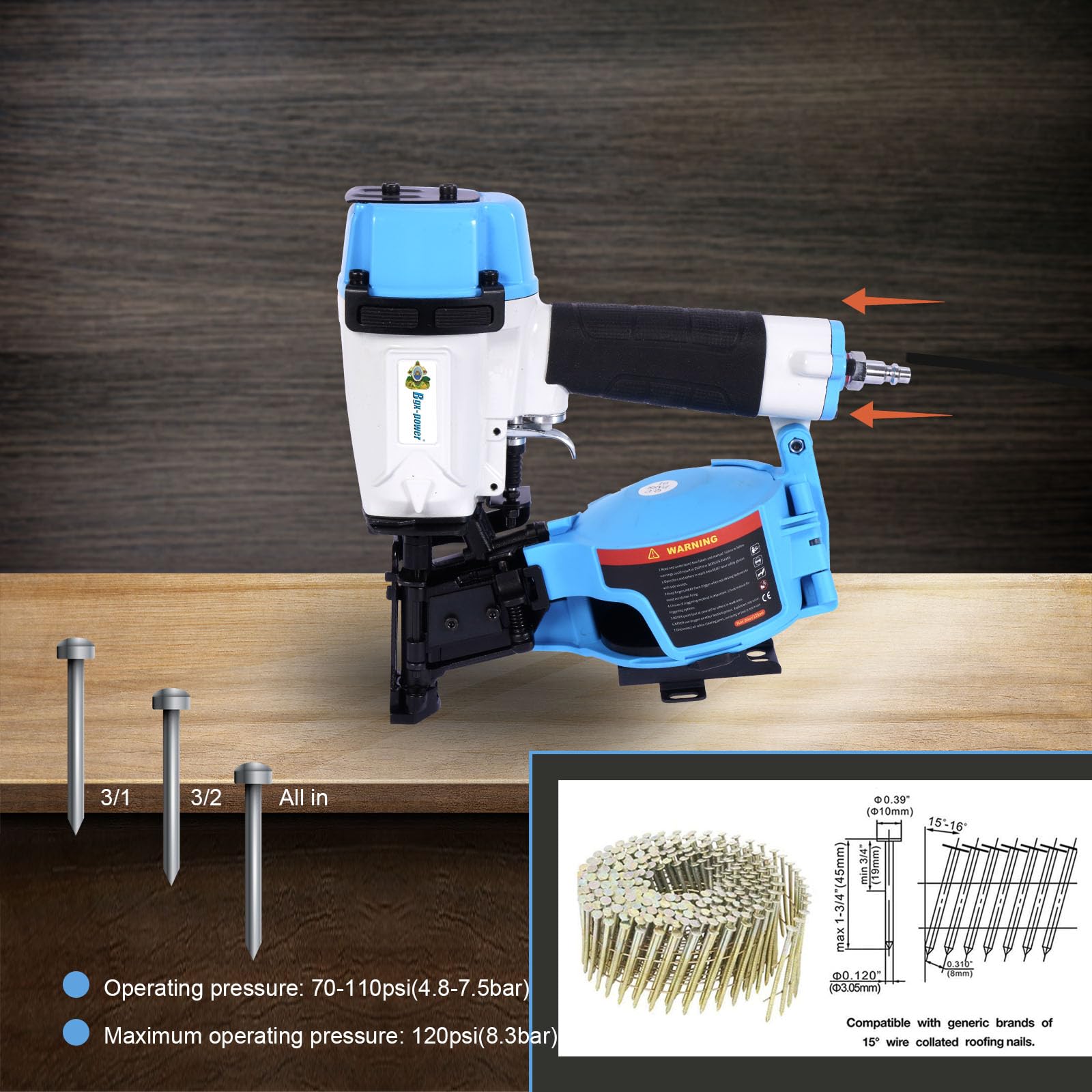 Honduras Style Roofing Nail Gun, 15 Degree CN45N Roofing Nailer 3/4-Inch to 1-3/4-Inch Coil Nails, 120-pcs Load Capacity Coil Nailer
