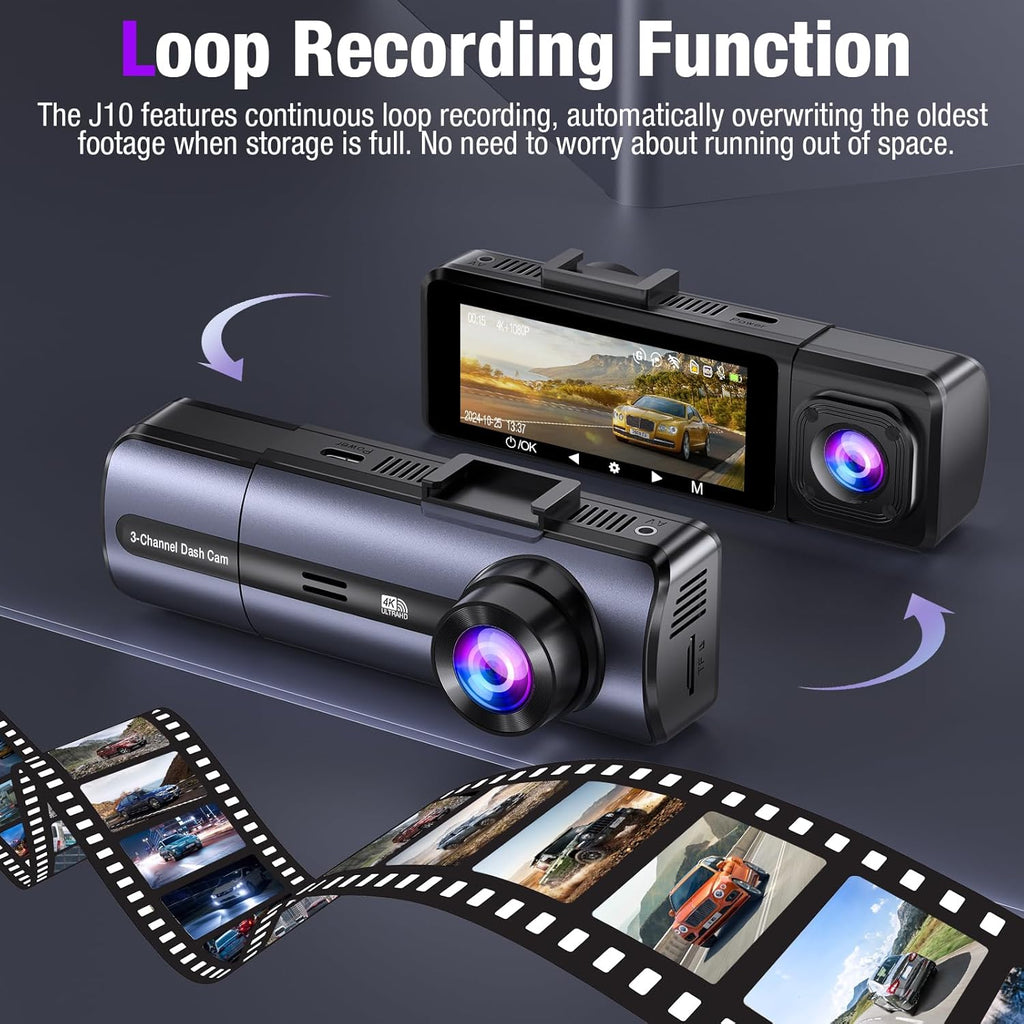 3-Channel 4K Dash Cam with WiFi, 4K+1080P+1080P Front/Inside/Rear, Night Vision, Parking Mode, 64GB Card Included