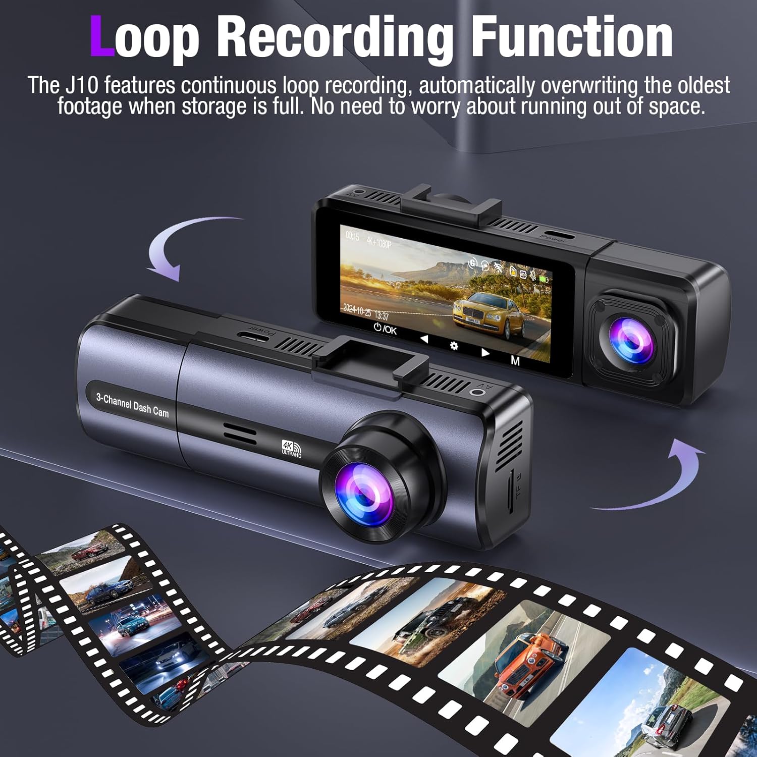 3-Channel 4K Dash Cam with WiFi, 4K+1080P+1080P Front/Inside/Rear, Night Vision, Parking Mode, 64GB Card Included