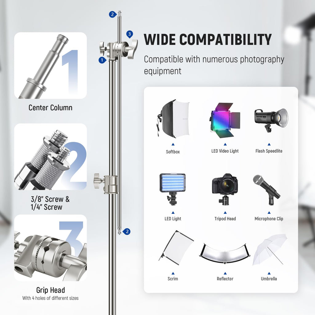 NEEWER Pro 100% Stainless Steel Heavy Duty C Stand with Boom Arm, Max Height 68"/172cm Photography Light Stand with 2.7ft/83cm Holding Arm, 2 Grip Head for Studio Monolight, Softbox, Reflector, SC172