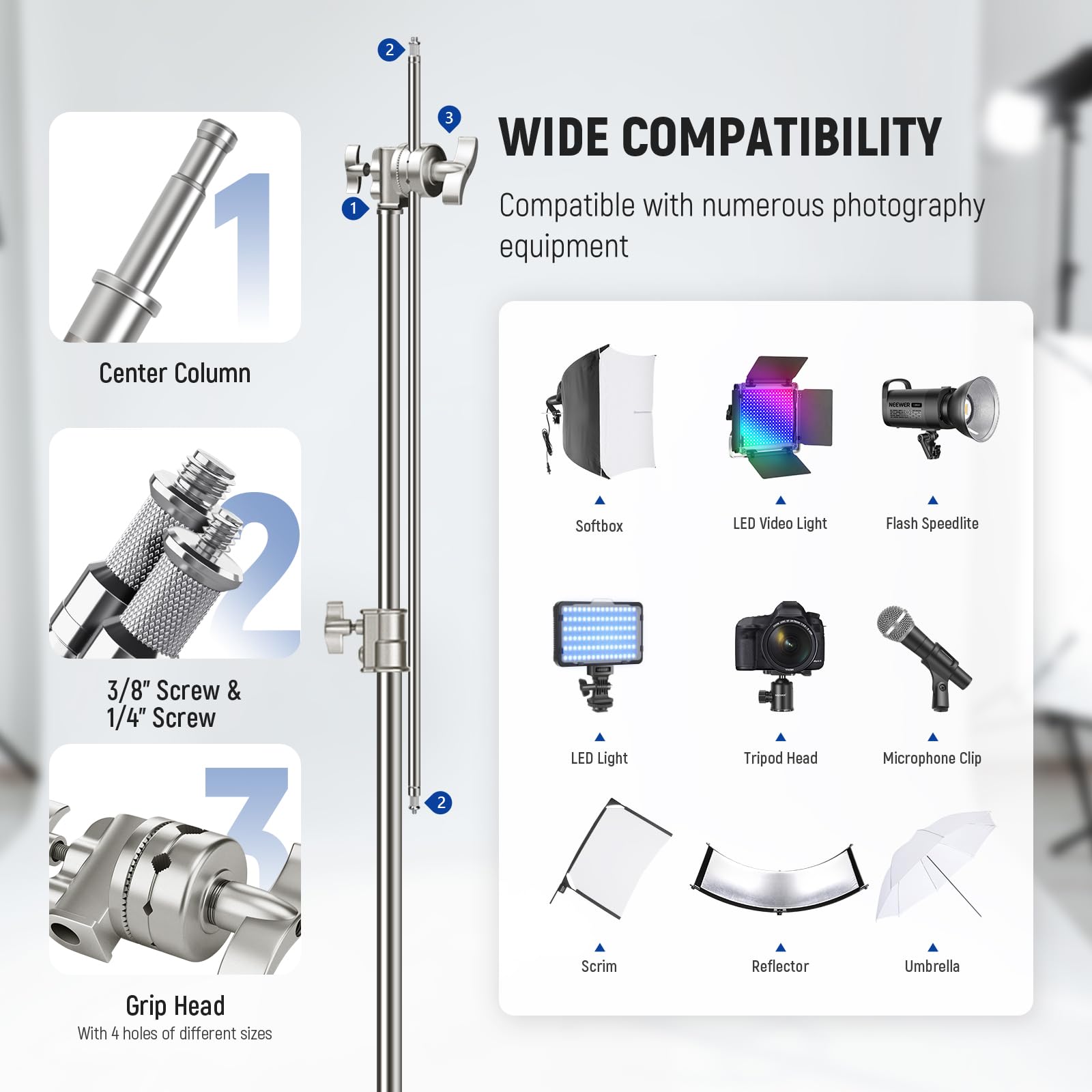 NEEWER Pro 100% Stainless Steel Heavy Duty C Stand with Boom Arm, Max Height 68"/172cm Photography Light Stand with 2.7ft/83cm Holding Arm, 2 Grip Head for Studio Monolight, Softbox, Reflector, SC172
