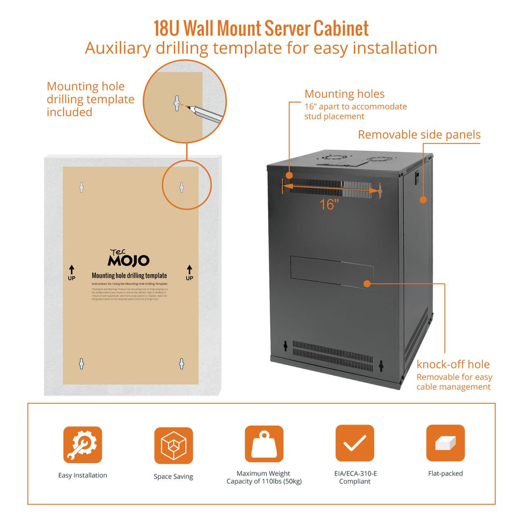 Tecmojo 15U Wall Mount Rack Network Cabinet for 19" IT Equipment,with Lockable Glass Door and Side Panels,Cooling Fan,17.7inch Depth,Black (15U)