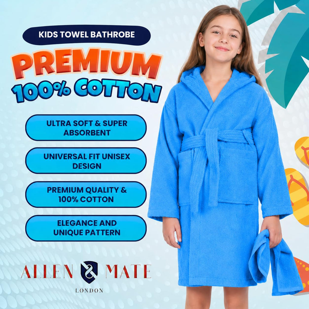 ALLEN & MATE 100% COTTON Hooded Kids Bathrobe – Soft, Medium Weight Absorbent Bath Towel Robe for Boys & Girls, 6-15 Years