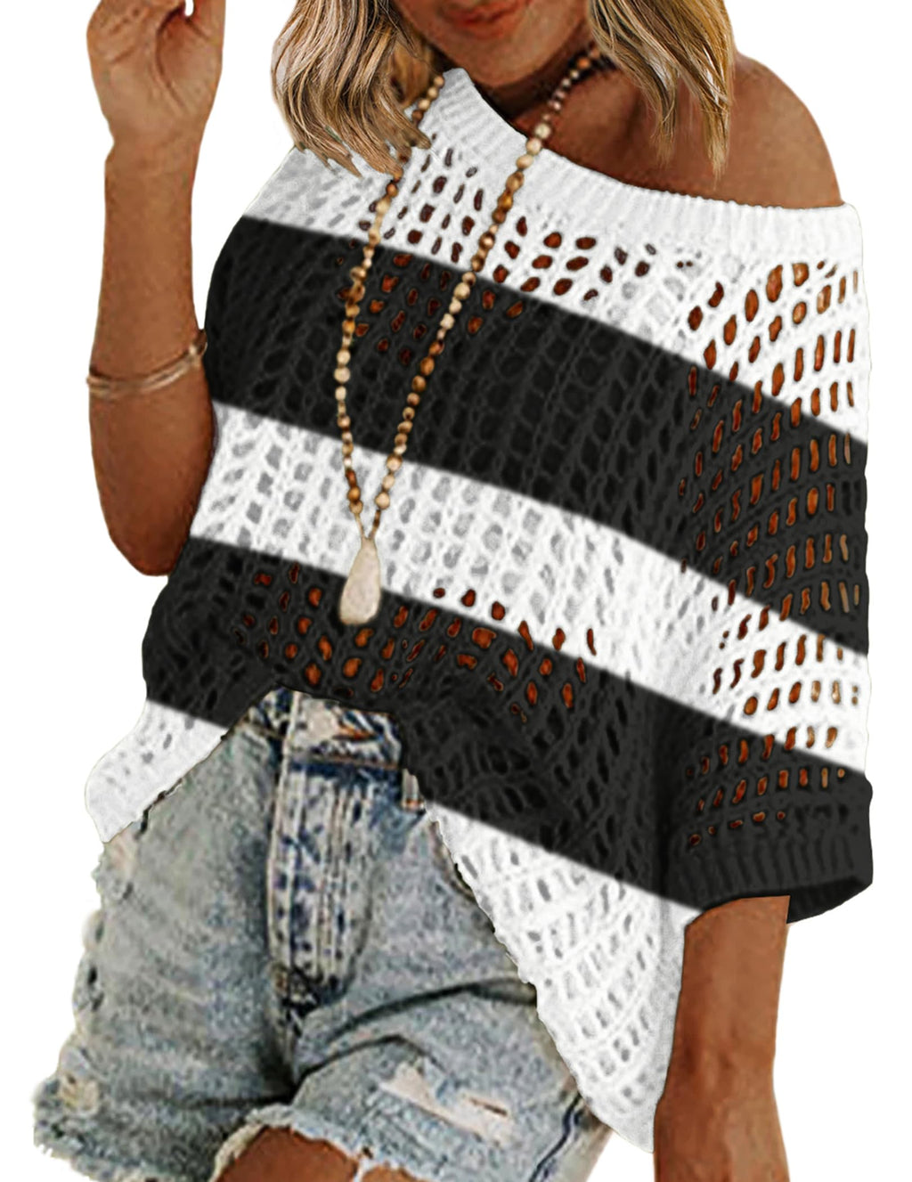 Zeagoo Short Sleeve Crochet Sweater Lightweight Summer Tops Loose Hollow Out Crewneck Pullover