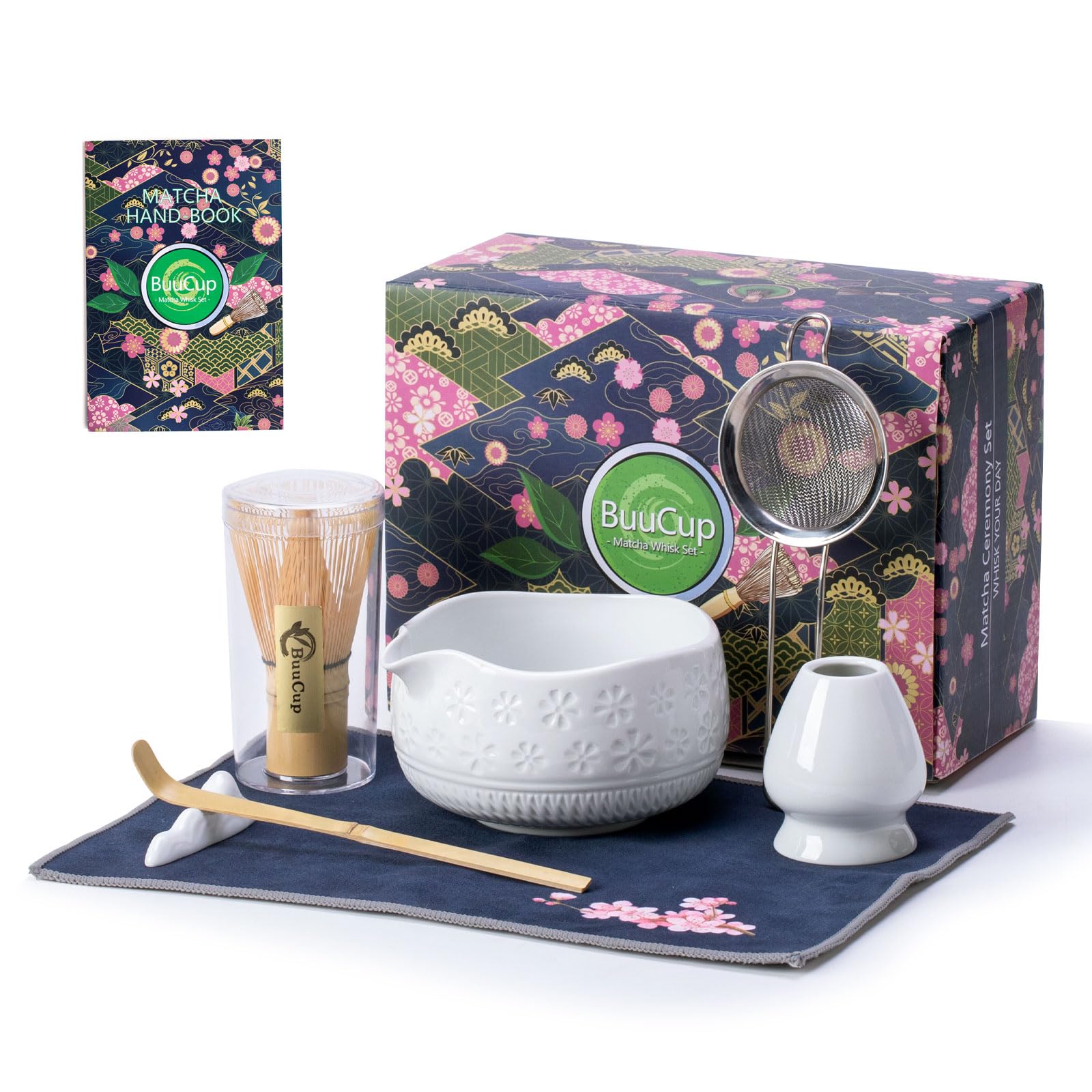Buucup Matcha Whisk Set, Ceramic Matcha Kit Includes Matcha Bowl, Matcha Whisk and Holder, Bamboo Scoop, Scoop Rest, Sifter and Tea Towel - 7 Pcs Matcha Kit for Matcha Lovers (Blue)