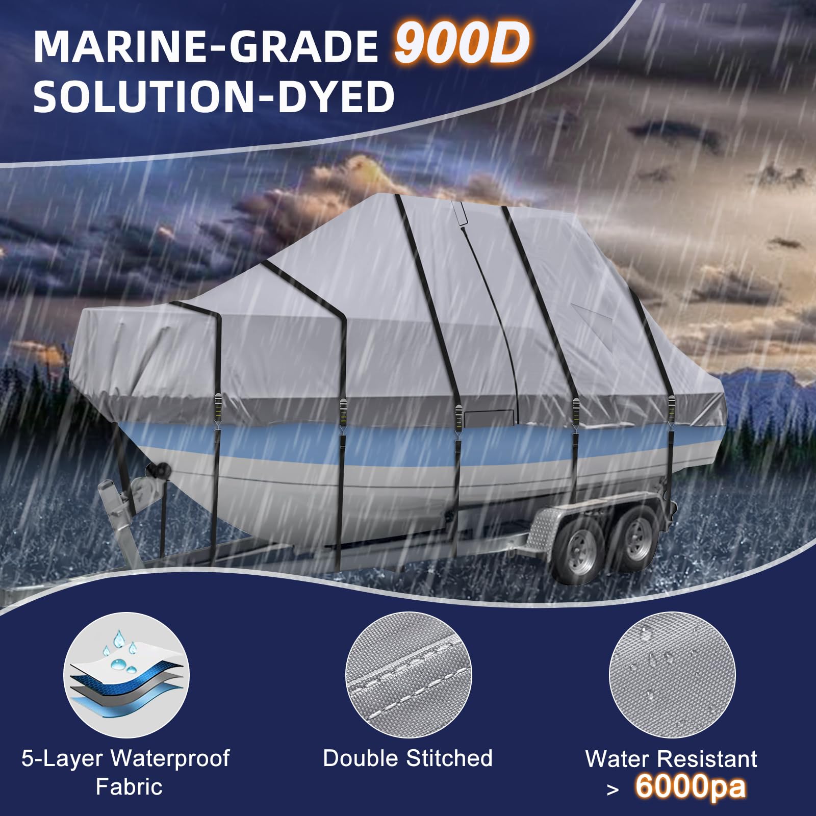 900D T Top Boat Cover -Heavy Duty Waterproof Trailerable Center Console Boat Cover fits for Beam Width Up to 102", Gray
