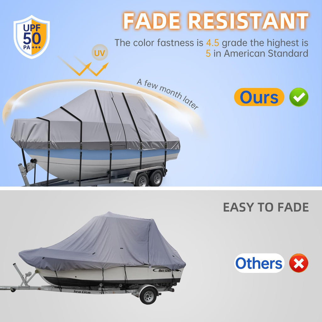 900D T Top Boat Cover -Heavy Duty Waterproof Trailerable Center Console Boat Cover fits for Beam Width Up to 102", Gray