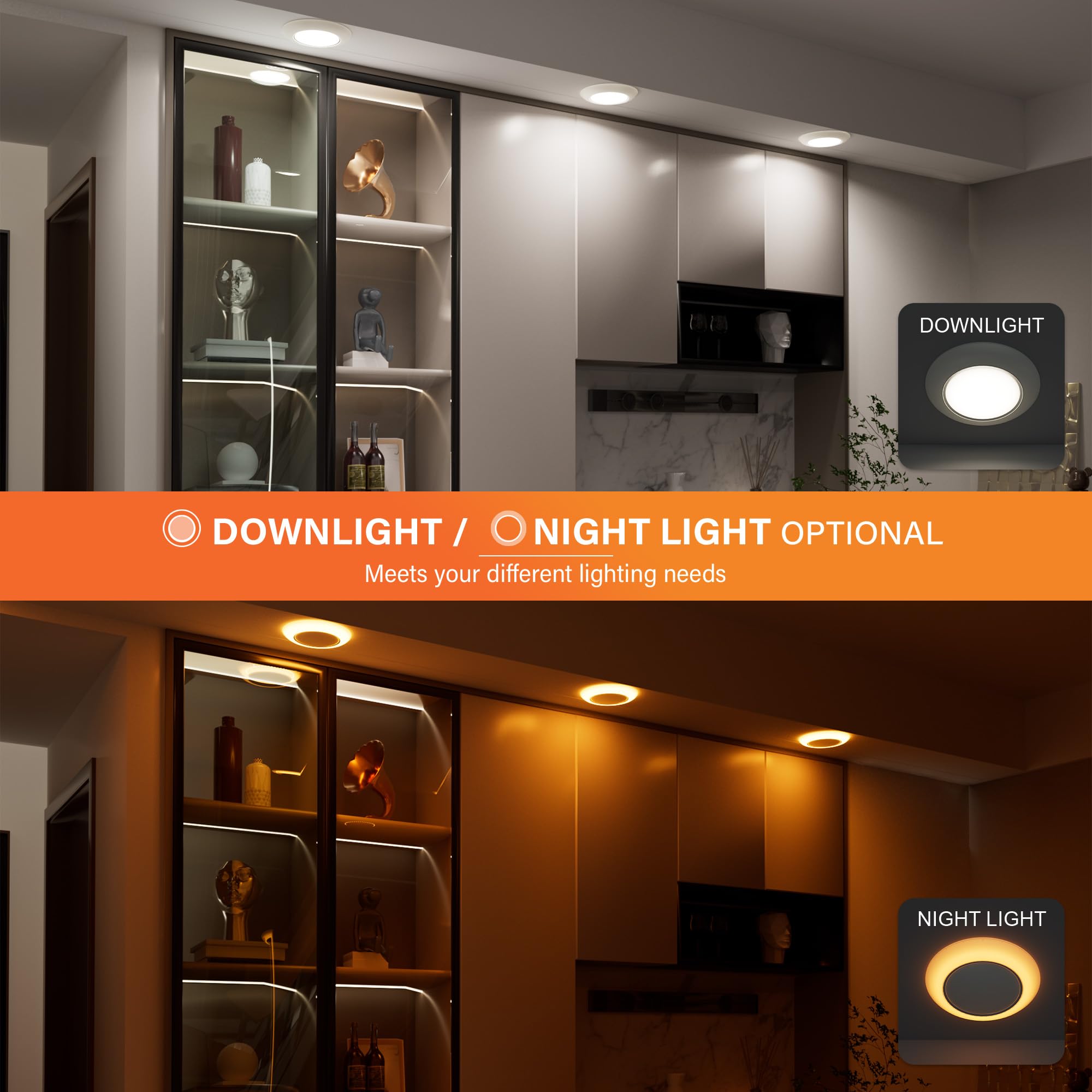 6 Inch LED Low Profile Disk Light with Night Light, 120VAC, 15W, 5CCT Color Changing, 1000LM, Dimmable, ETL, Shower Wet Rated Screw in Flush Mount Ceiling Light, White/1 Pack