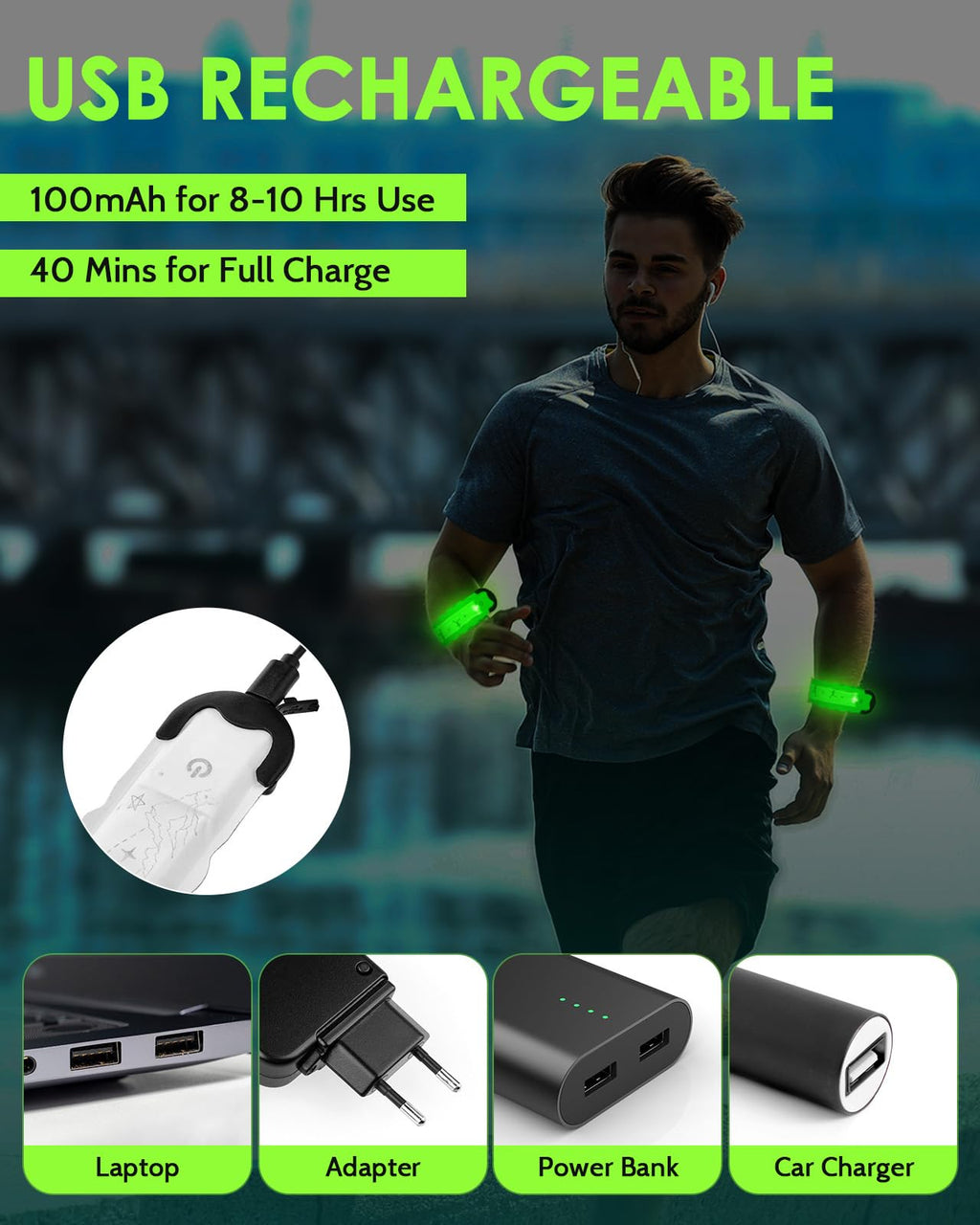 Fitense Rechargeable LED Armband 2-Pack, High Visibility Running Gear for Night Safety, 5 Colors & 3 Modes Light Up Wristbands for Night Walking, Cycling, Running Gift for Women Men Kids，White