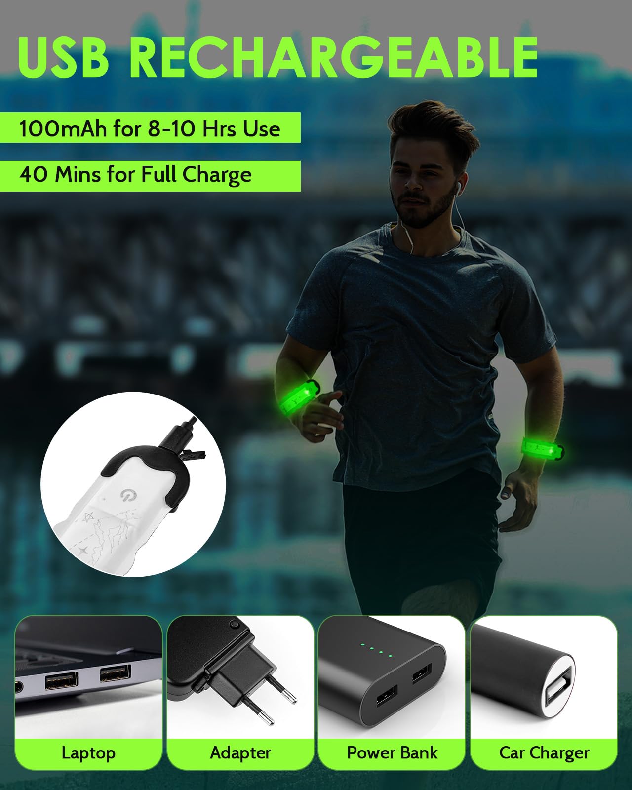 Fitense Rechargeable LED Armband 2-Pack, High Visibility Running Gear for Night Safety, 5 Colors & 3 Modes Light Up Wristbands for Night Walking, Cycling, Running Gift for Women Men Kids，White
