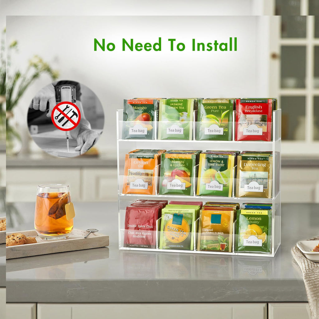 BEYGORM Acrylic Tea Bag Organizer for 216 Tea Packets, No Assembly Required, Display Holder for Countertop, Vertical Tea Bag Caddy for Cabinet, Tea bar Accessories, Teabags Storage Containers
